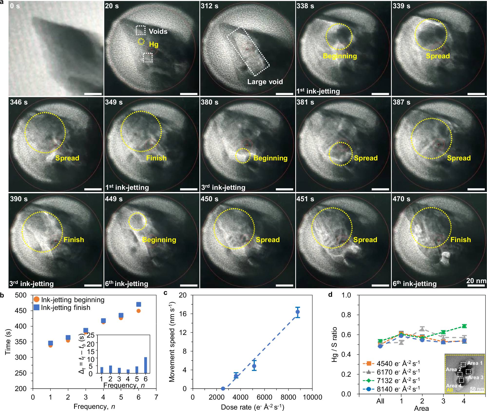 Fig. 5: Jetting behavior of liquid Hg in the liquid cell.