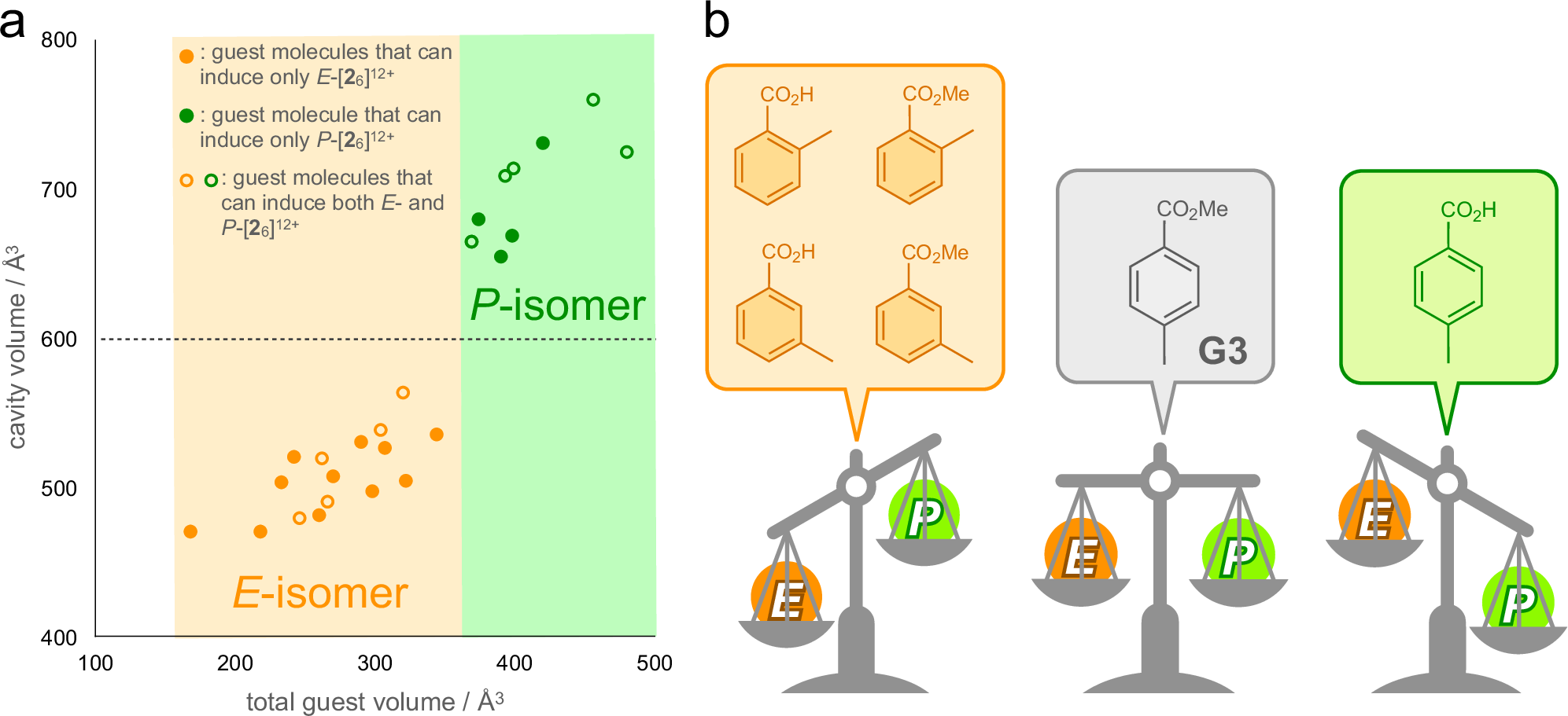 Fig. 6: Relationship between the cavity volume and shape of the E- and P-nanocube and guest molecules.