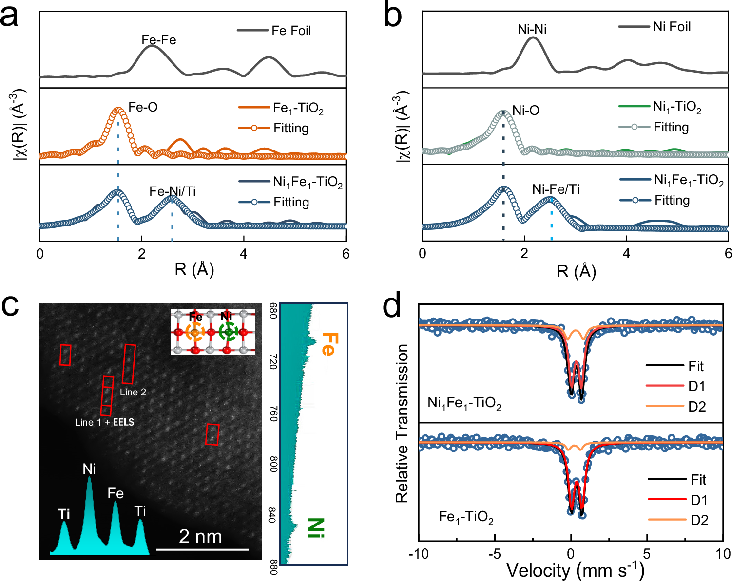 Fig. 2: Structural characterization of Ni1Fe1-TiO2 DACs.