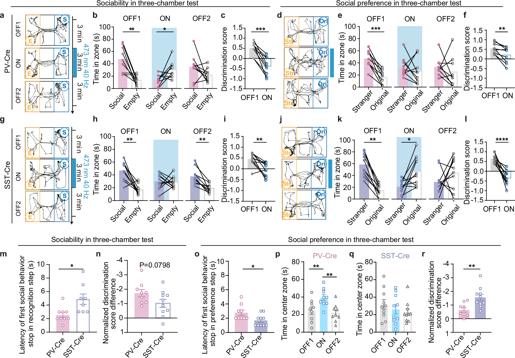 Fig. 4: Optogenetic activation of PV or SST interneurons suppresses social interactions in the three-chamber.