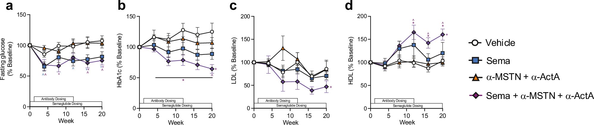 Fig. 3: Addition of Myostatin and activin A blockade to semaglutide further improves glucose, HbA1c%, LDL-C and HDL-C.