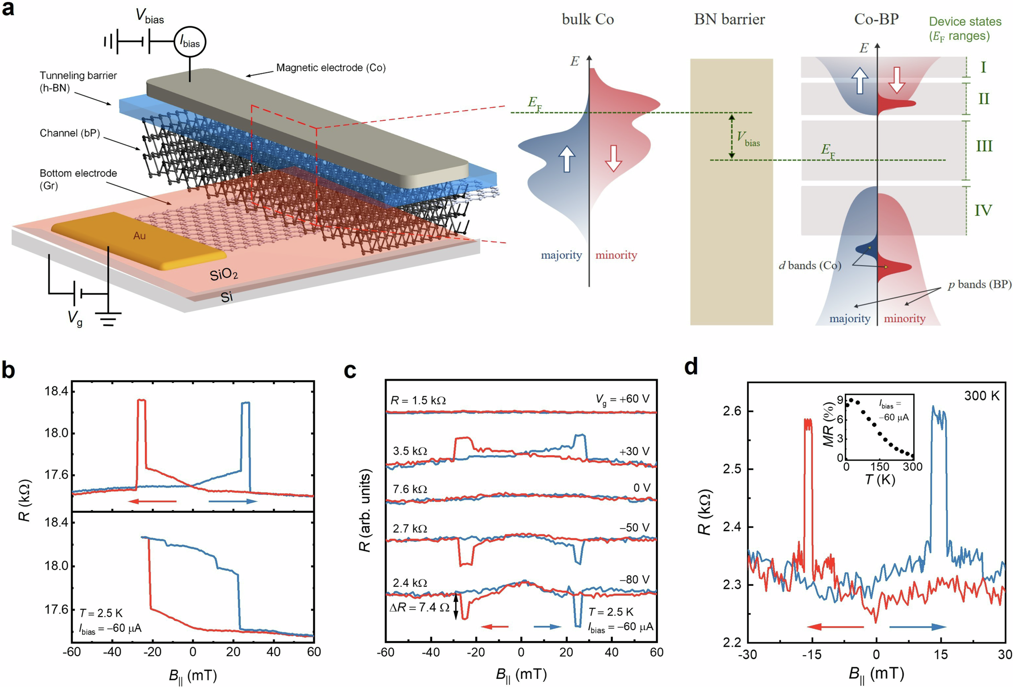 Fig. 4: Tunnelling characteristics of vertical Co/BN/BP devices.