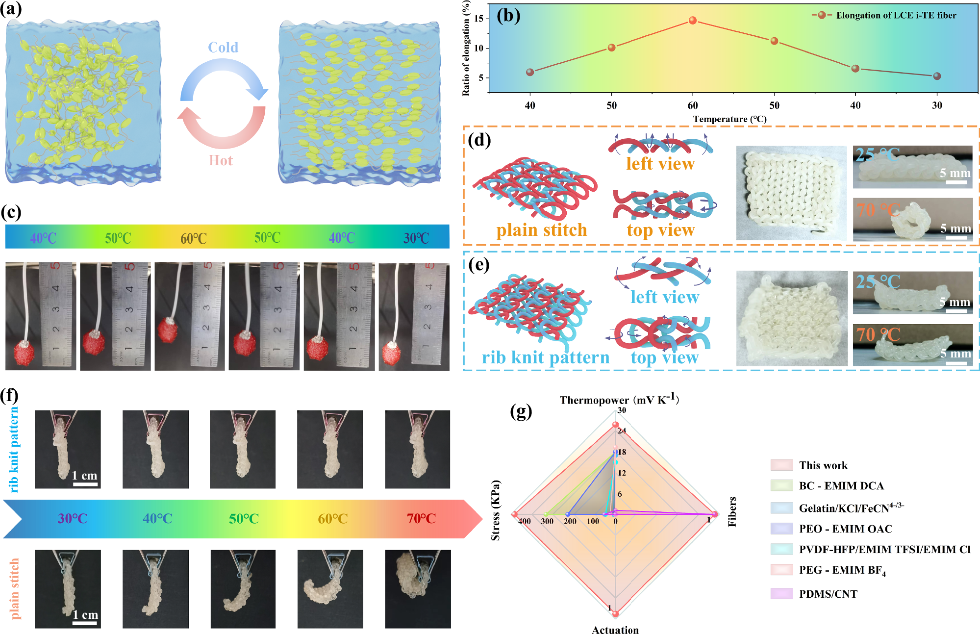 Fig. 4: Thermal actuation properties of the LCE i-TE fibers.