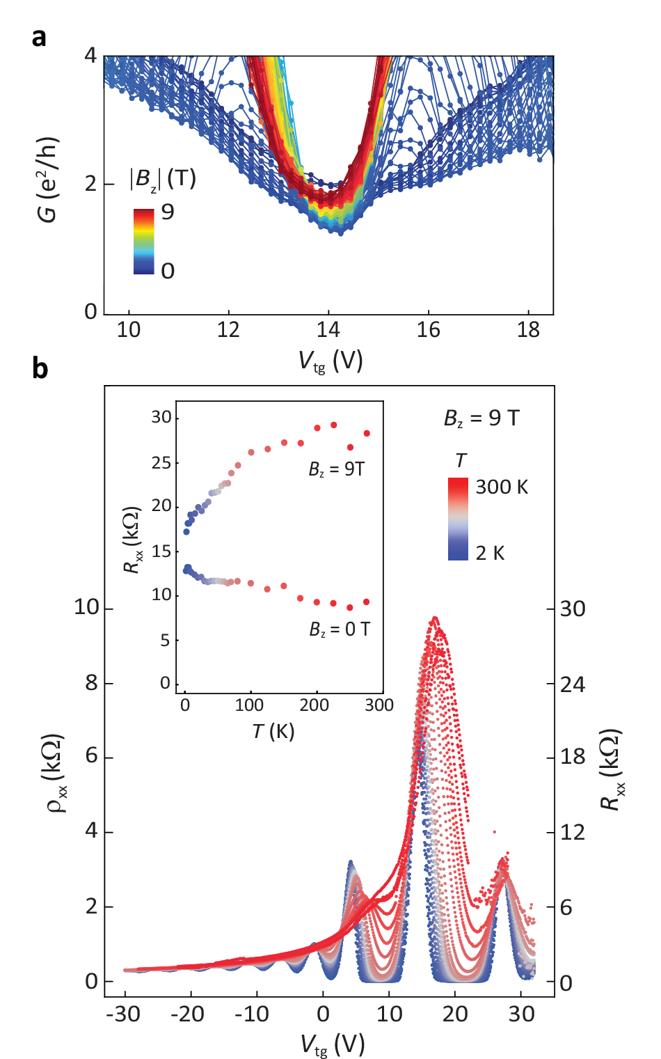 Fig. 4: Magnetic field and temperature dependence of the QSH and QH transport.