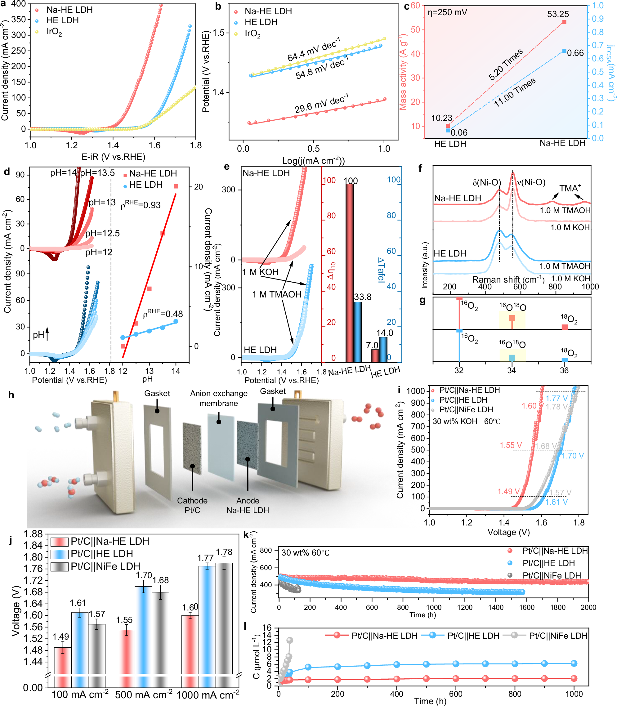 Fig. 4: Investigation of the OER performance and mechanism of Na-HE LDH.