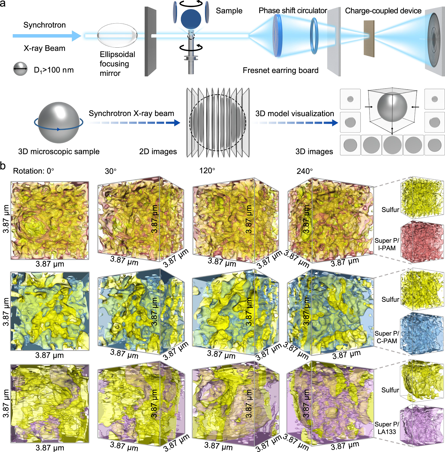 Fig. 3: Synchrotron radiation X-ray 3D nano-CT analysis of binder networks in sulfur electrodes.