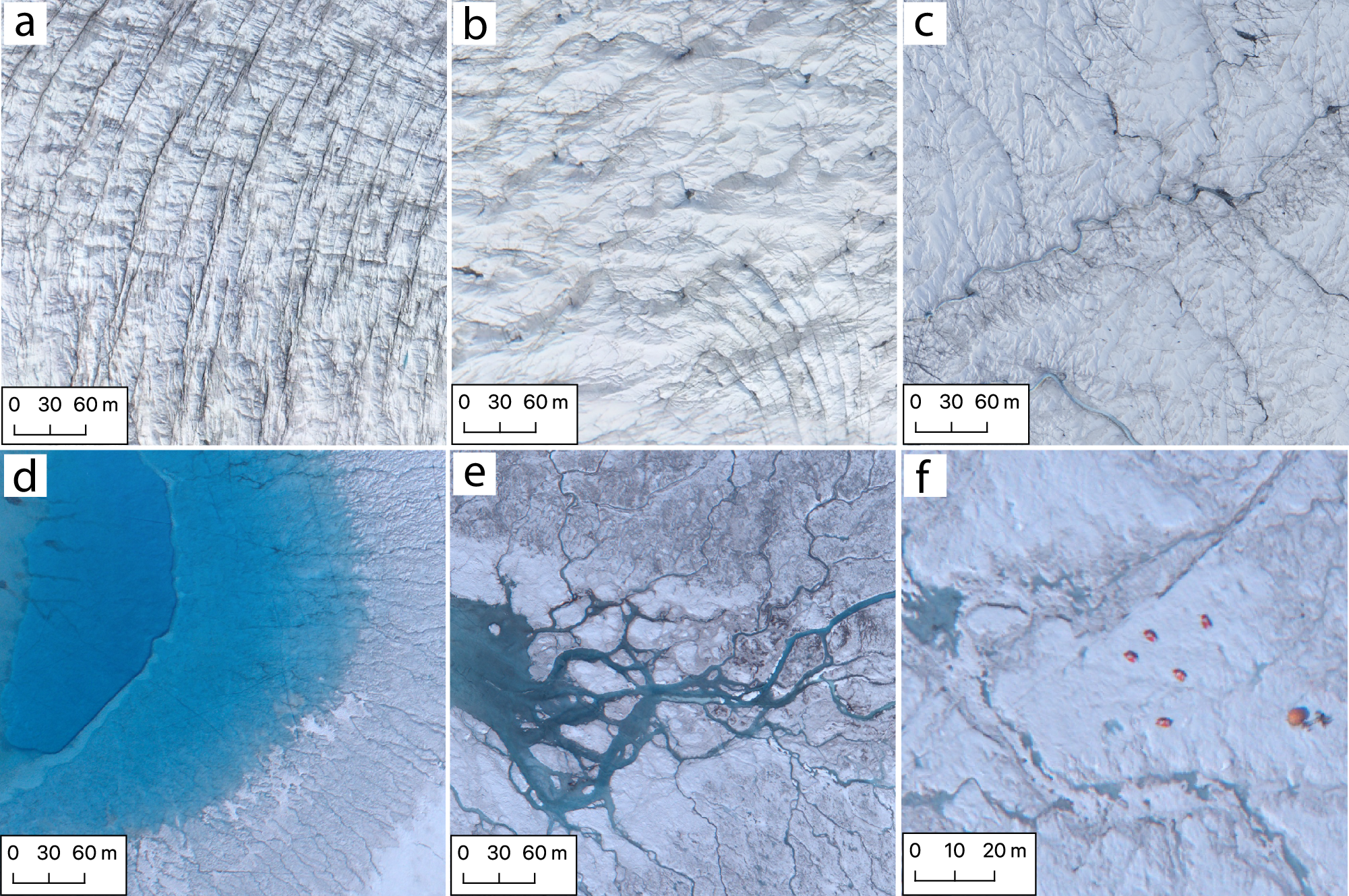 Fig. 4: Examples of meltwater ponding in the Southwest Greenland Ice Sheet ablation zone imaged by drone.