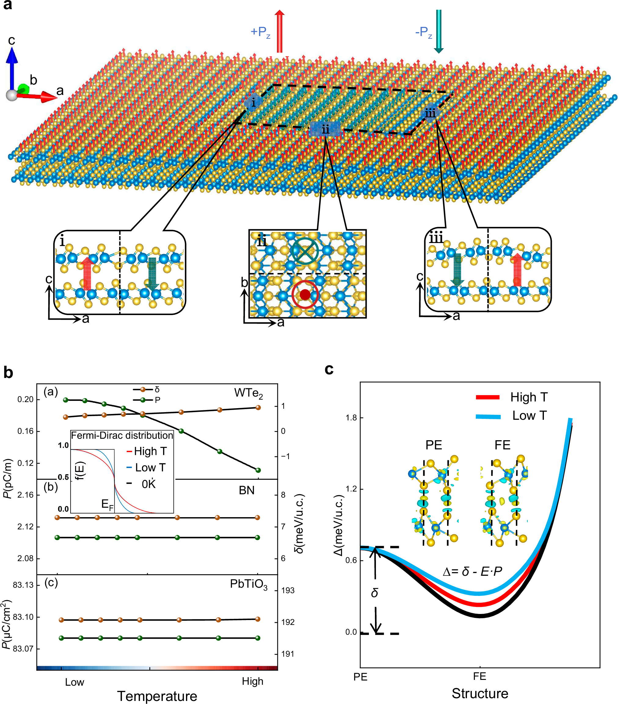 Fig. 3: Formation of reversed domains and the temperature-dependent polarization switching in Td-WTe2.