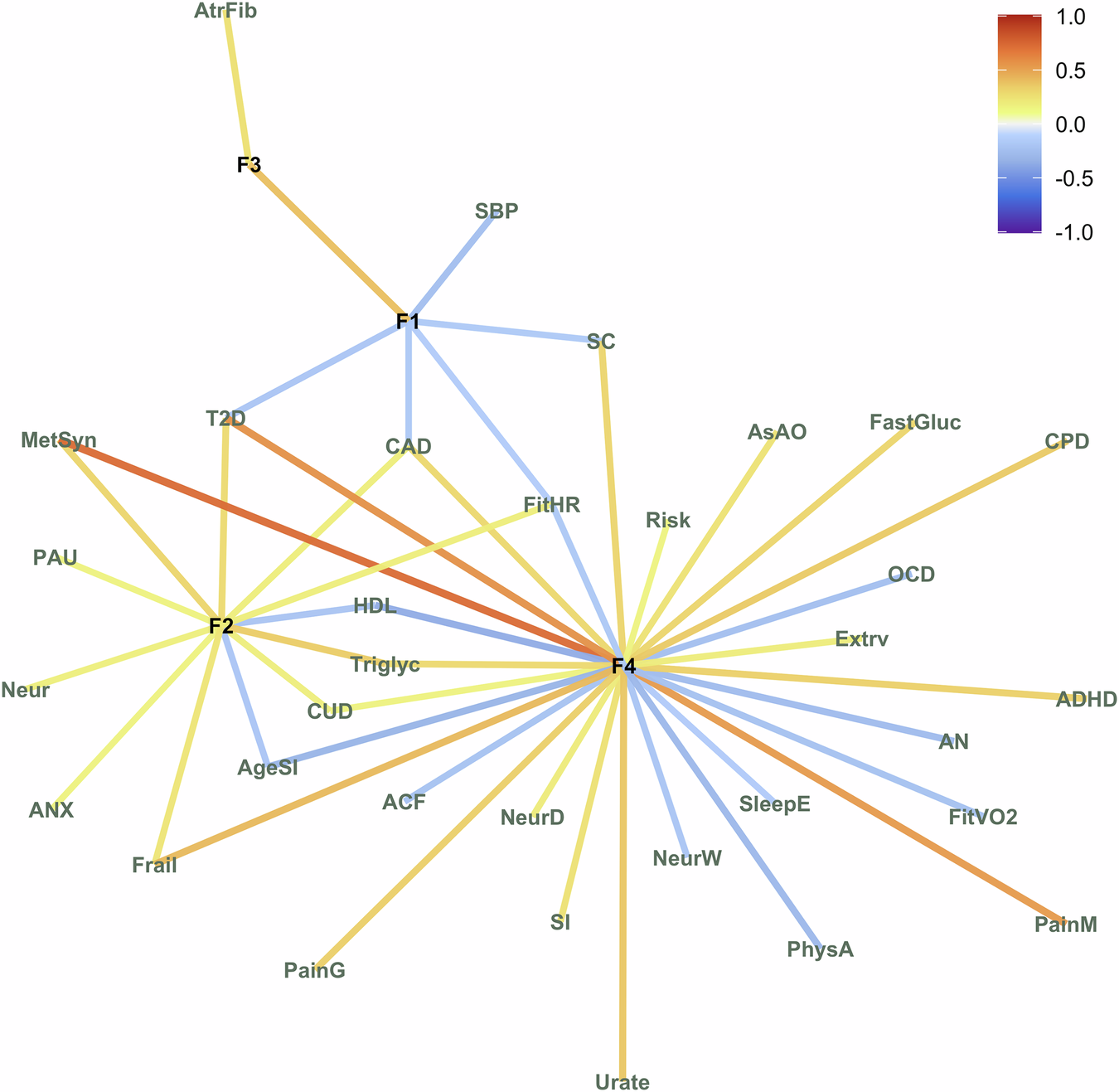Fig. 6: Network of genetic correlations with the 4 factors.