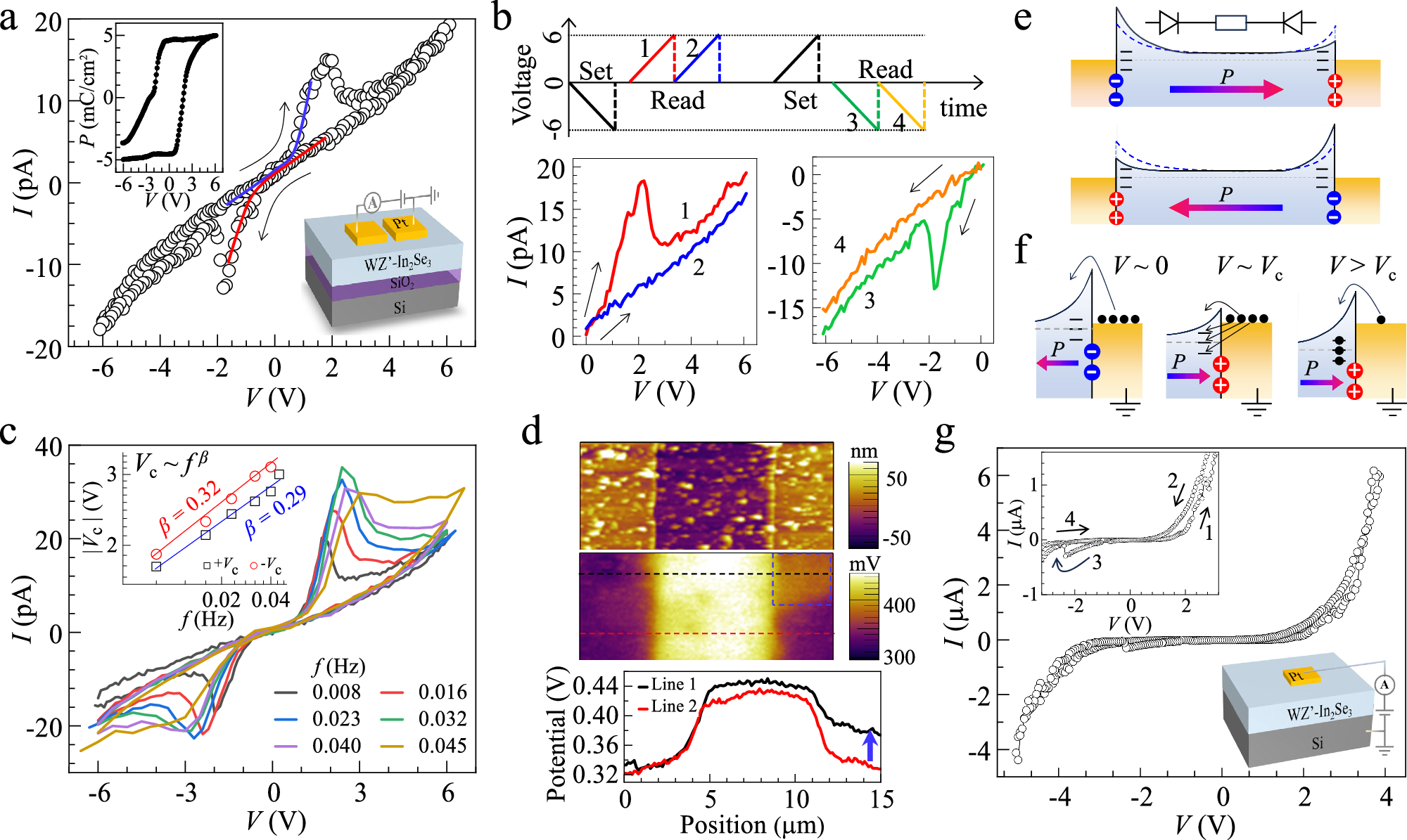 Fig. 4: I–V characteristics of two terminal devices based on WZ’ type α-In2Se3 films.