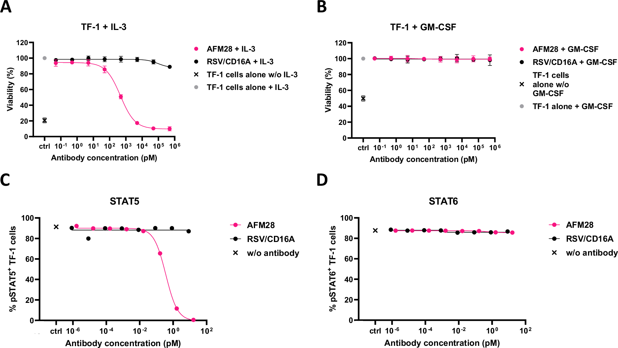Fig. 5: AFM28 blocks IL-3R signaling inhibiting STAT5 phosphorylation in TF-1.