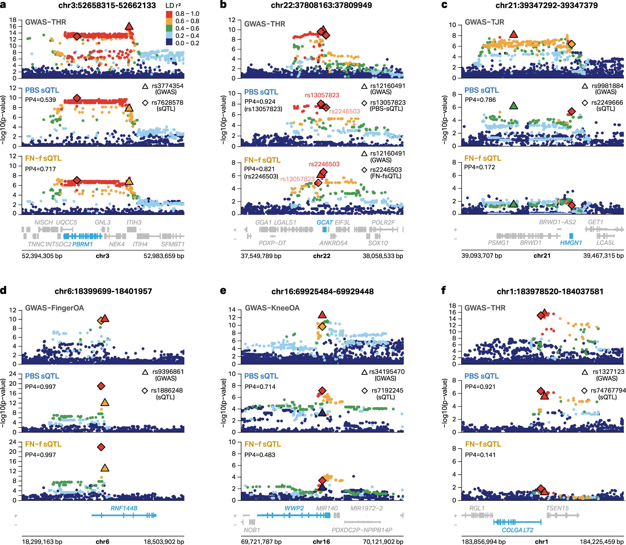 Fig. 5: Six sQTLs colocalize with OA GWAS signals.
