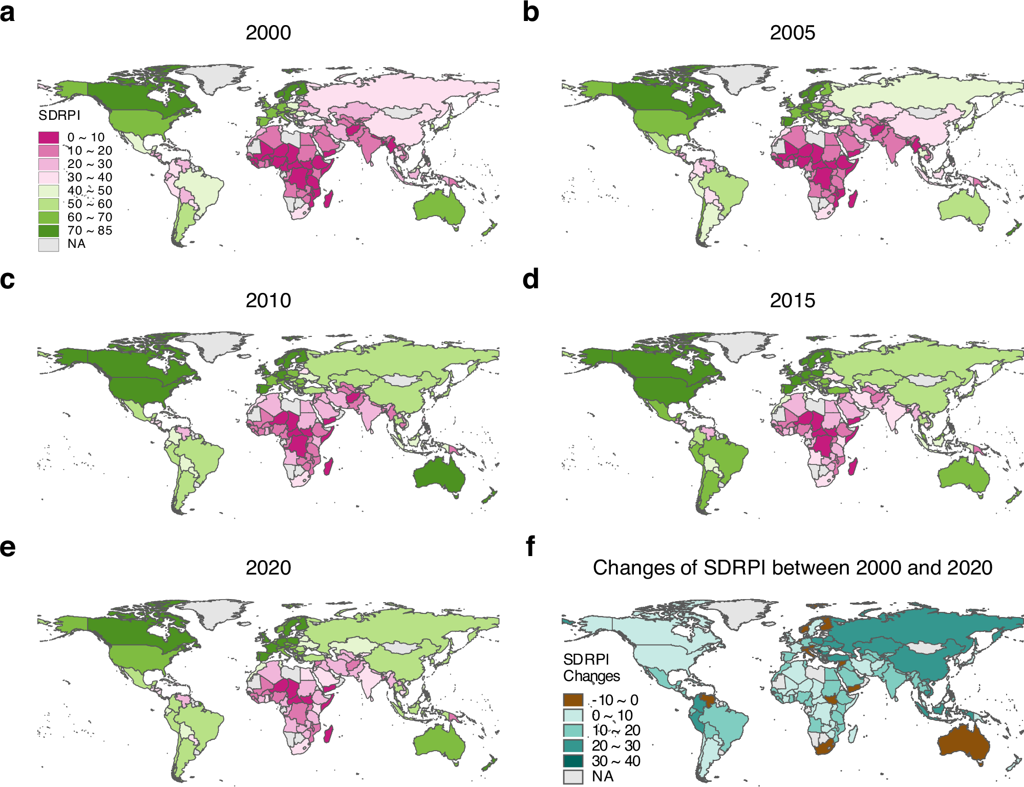Fig. 1: Sustainable Development Relative Performance Index (SDRPI) scores (0 to 100) across the world and their changes over 2000-2020.