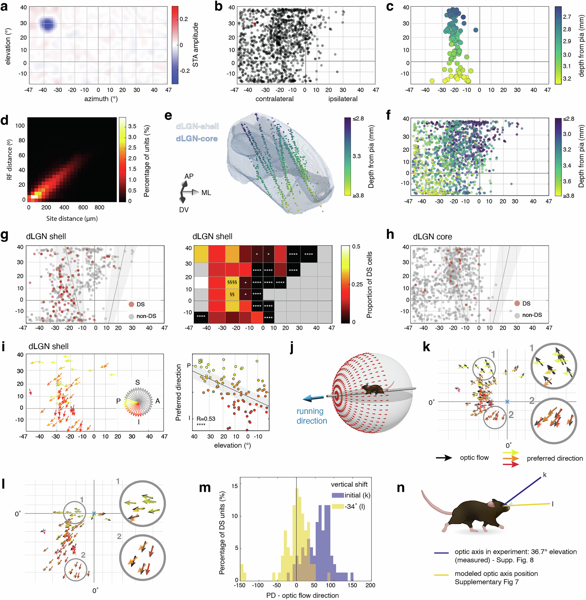 Fig. 2: Direction-selective responses in the dLGN show topographic variation that aligns with translatory optic flow.