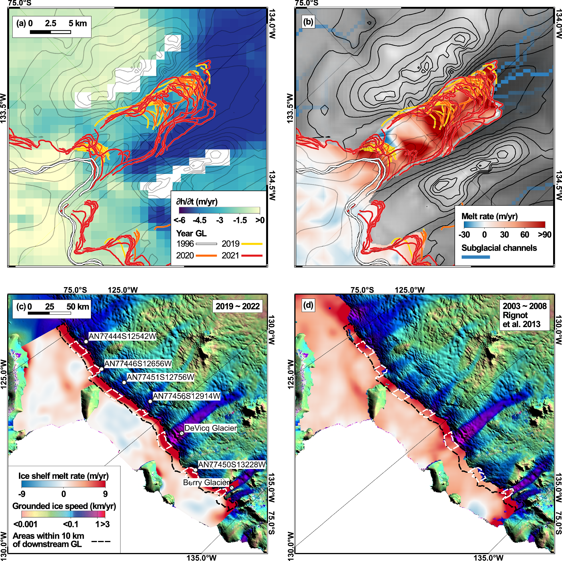 Fig. 6: Rate of change in surface elevation, ∂h/∂t, and basal melt rate, 
                        
                          
                        
                        $$\dot{b}$$
                        
                          
                            
                              b
                            
                            
                              °
                            
                          
                        
                      , of Berry Glacier, West Antarctica from Jan 1, 2019 to Dec 31, 2022.