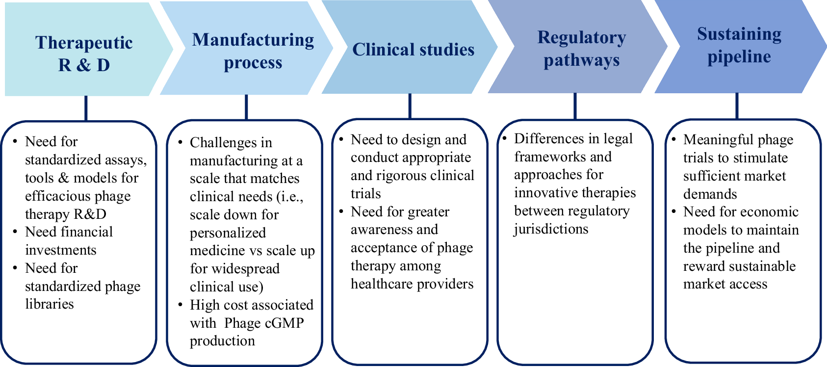 Fig. 1: Challenges in advancing phage therapy are categorised into five areas, each with prioritised needs listed.