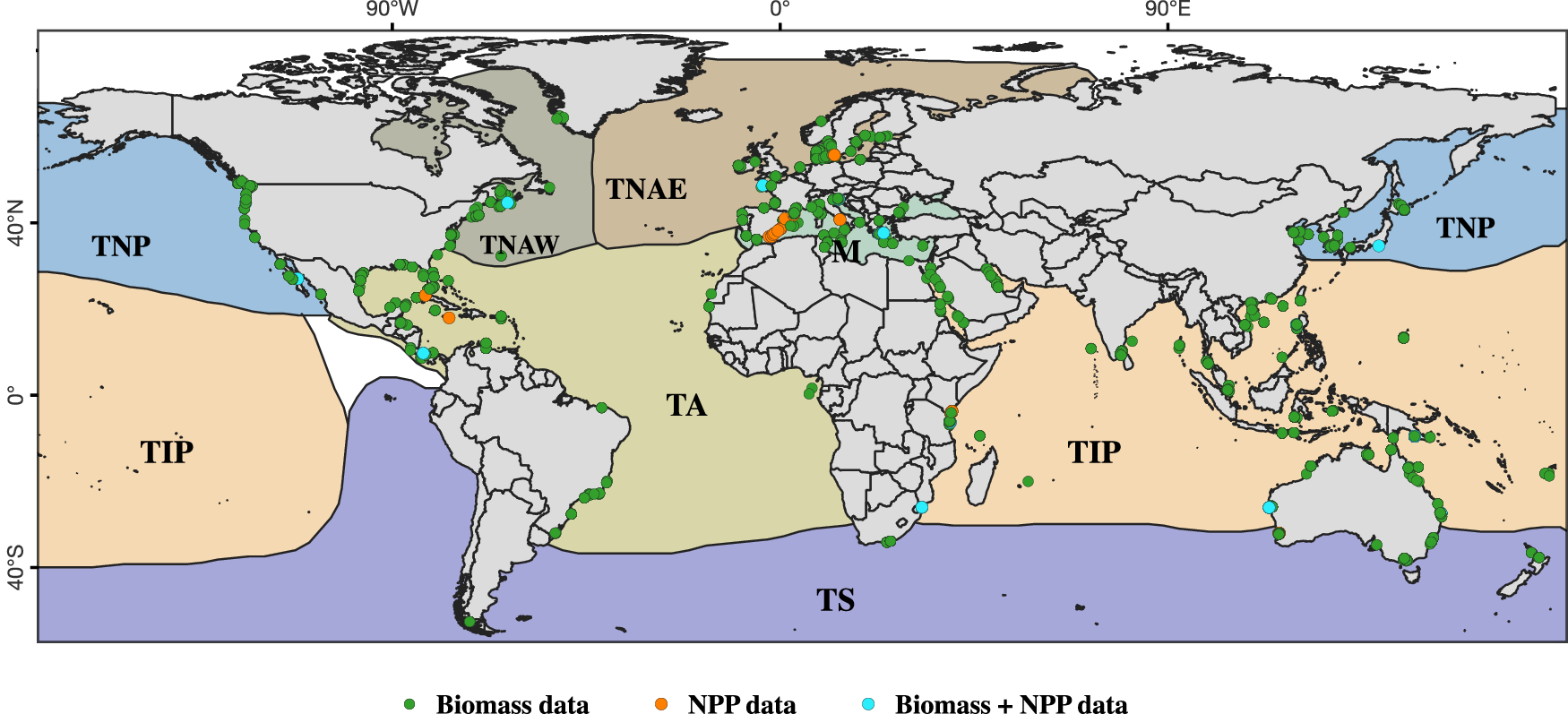 Fig. 5: Global distribution of data on seagrass biomass and net primary production (NPP) among seagrass bioregions8.