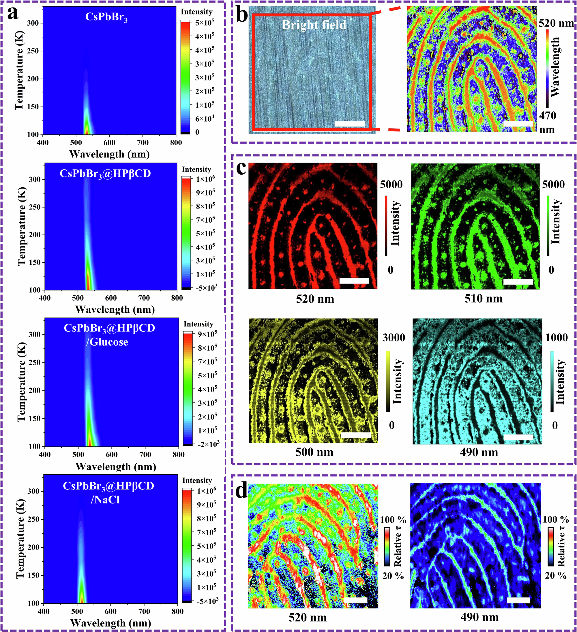 Fig. 3: PL characterization of and in situ fingerprint PL imaging with CsPbBr3@HPβCD nanofibers.