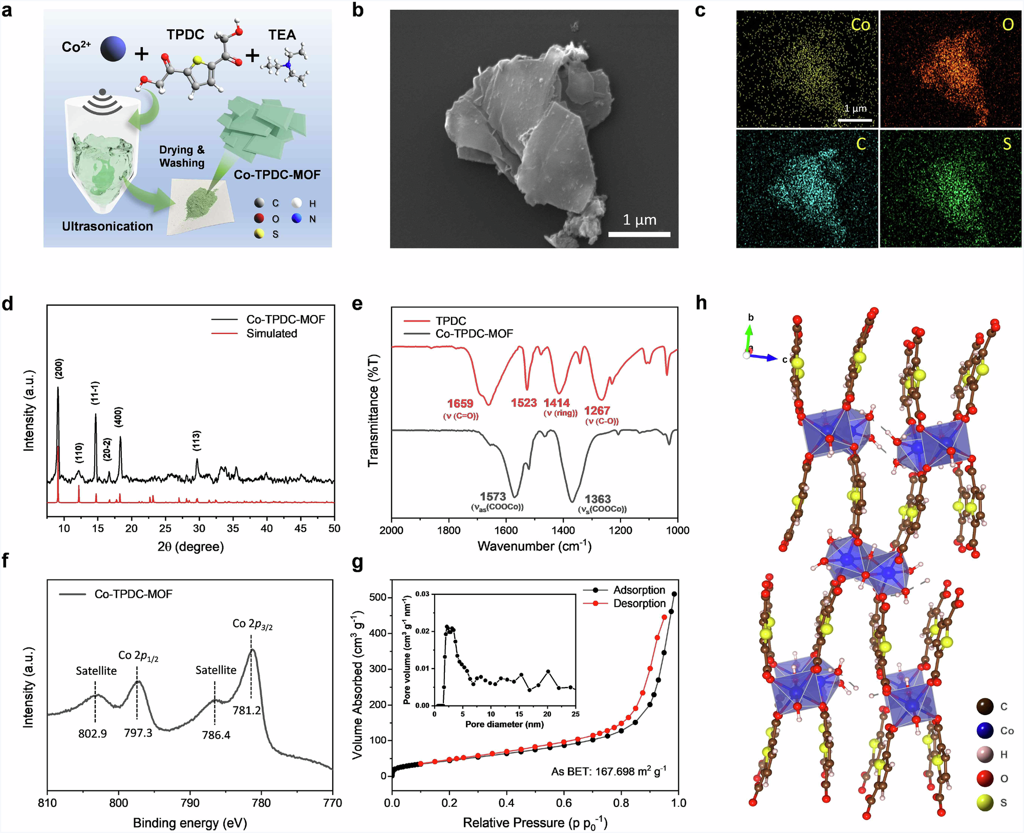 Fig. 3: Structural characterizations of the synthesized Co-TPDC-MOF.
