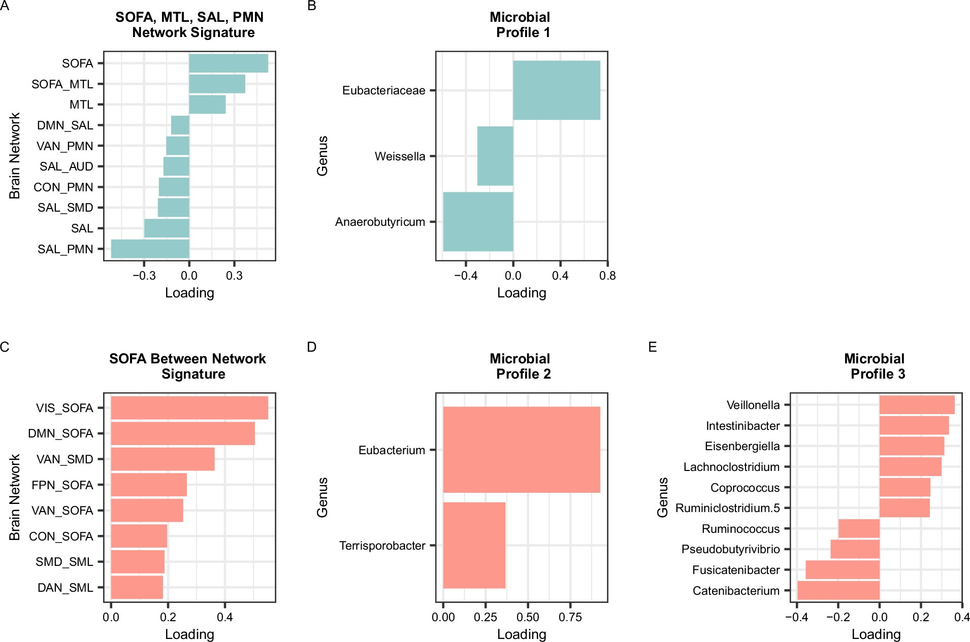 Fig. 1: Component loadings for brain signatures and microbial profiles.