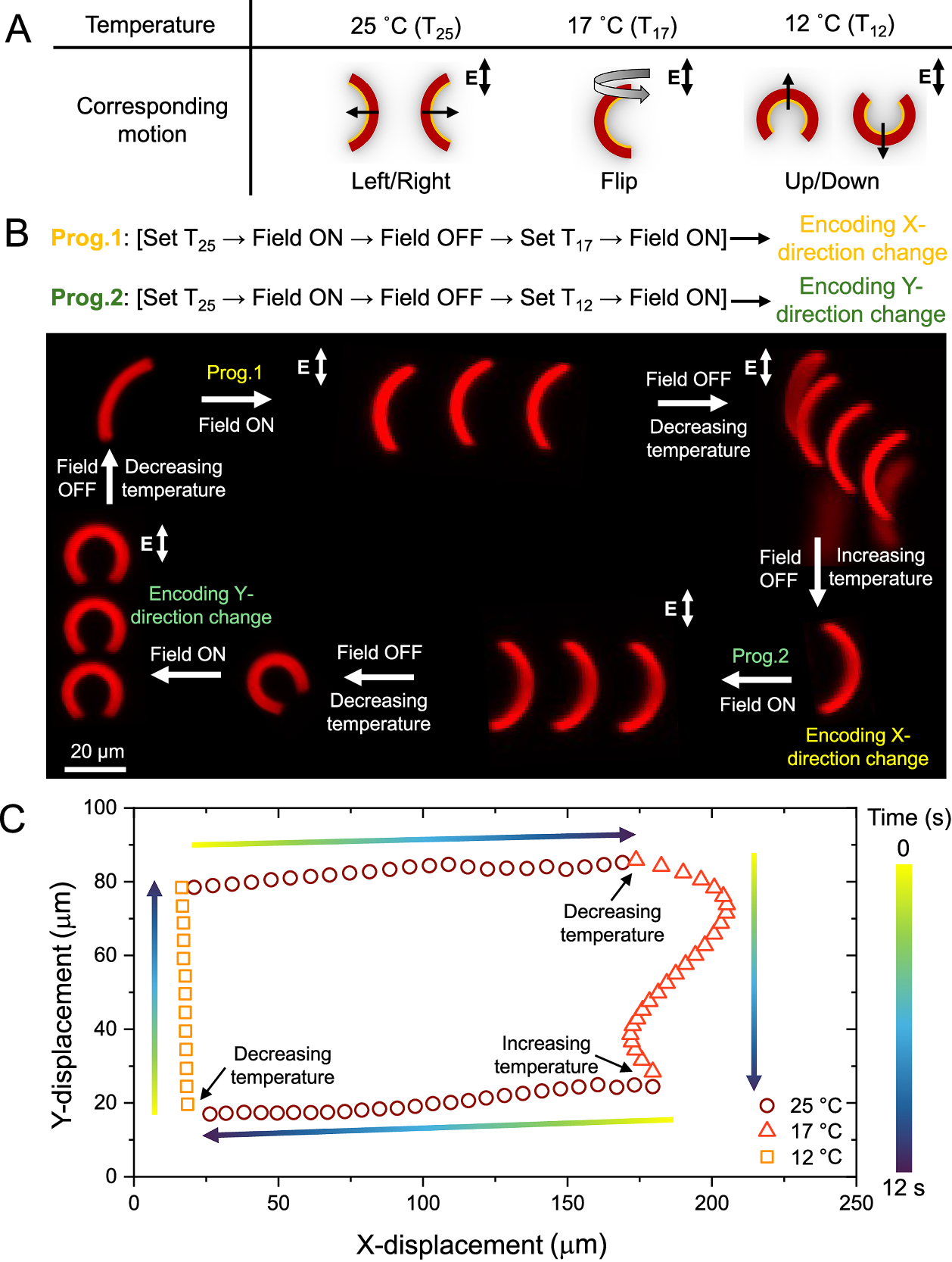 Fig. 5: Temperature-directed steering of shape-morphing bilayer particles.