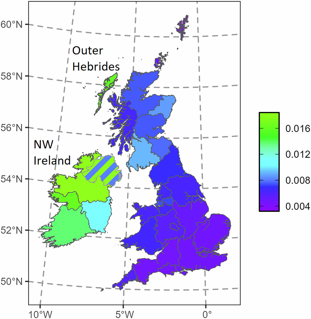Fig. 1: Map of expected homozygote frequencies for the major risk variant, HFE p.Cys282Tyr, across Britain and Ireland.