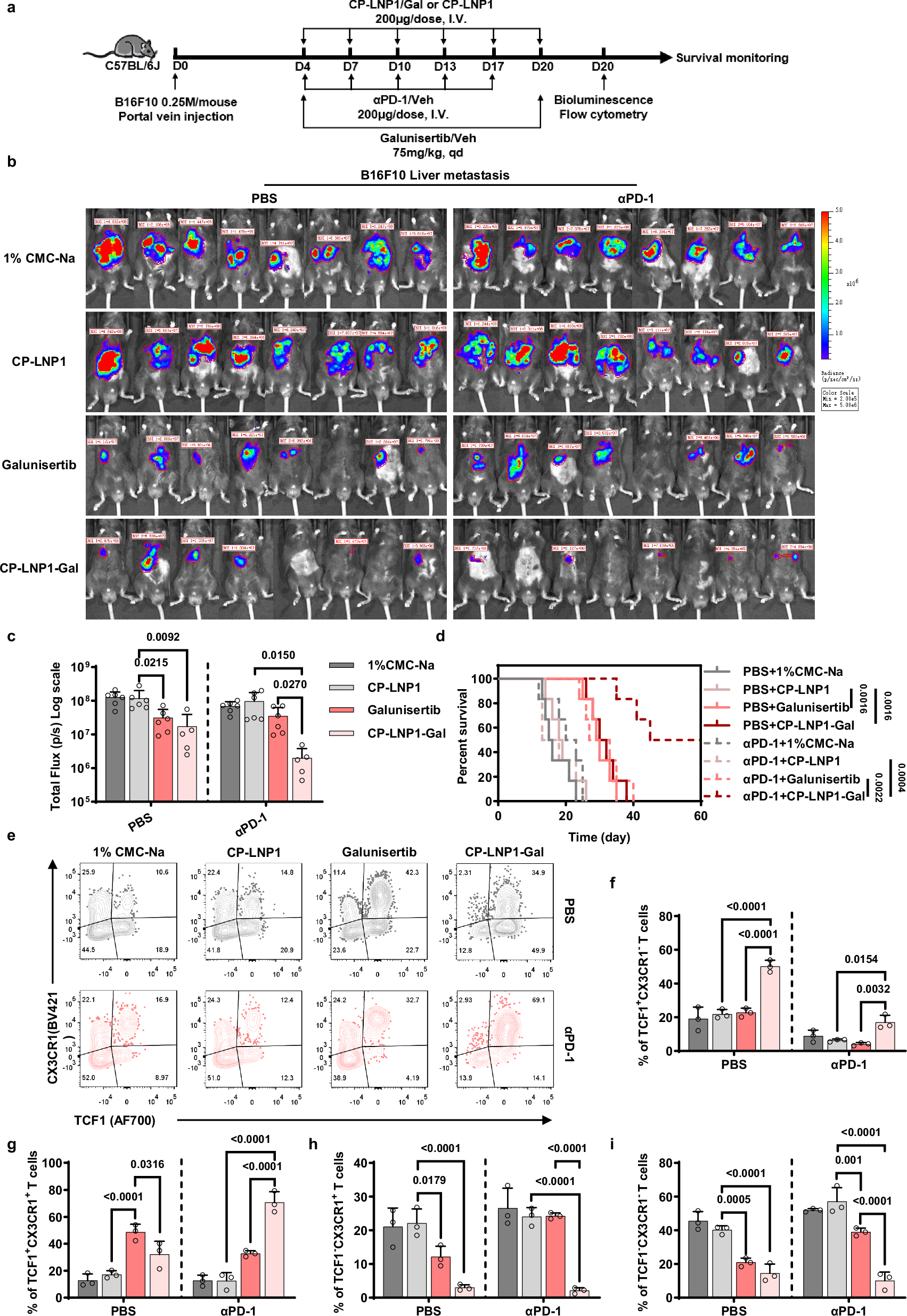 Fig. 8: CP-LNP1-Gal acts synergistically with αPD-1 to suppress liver metastases.