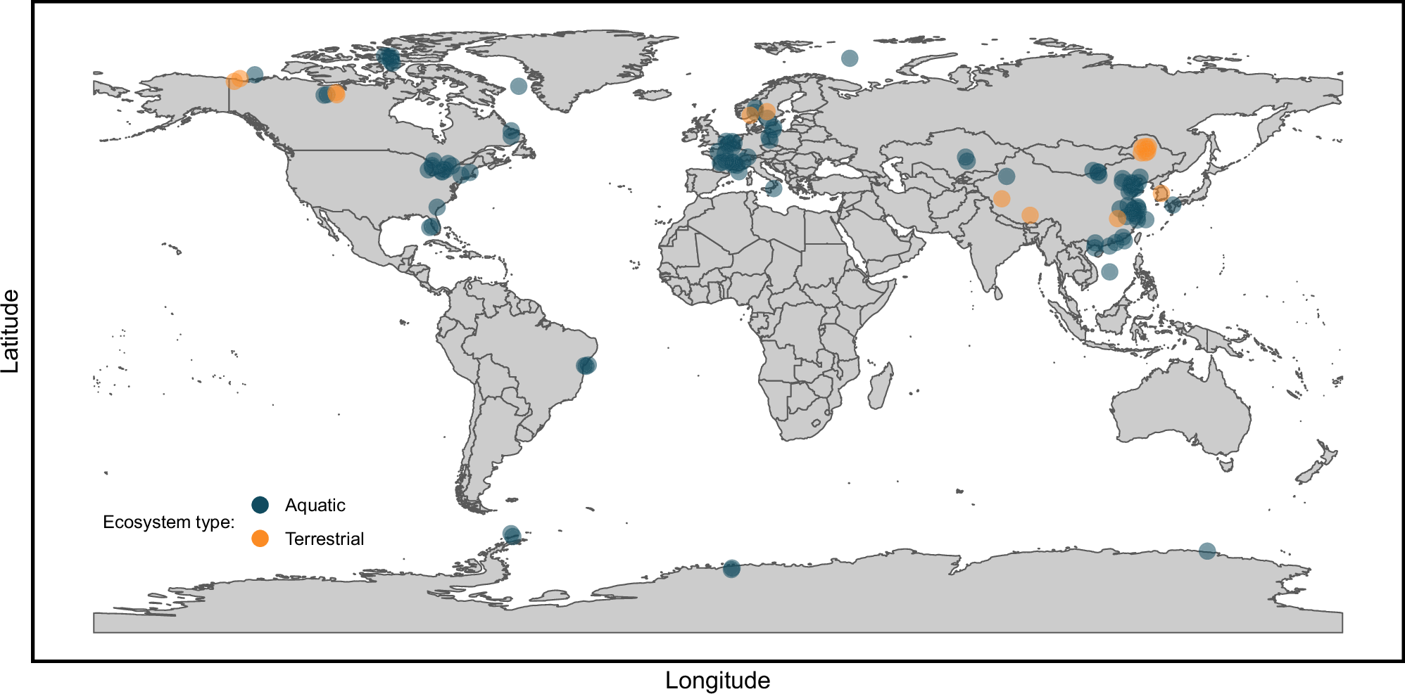 Fig. 1: World map showing the geographical distribution of the 119 food webs included in the meta-analysis.