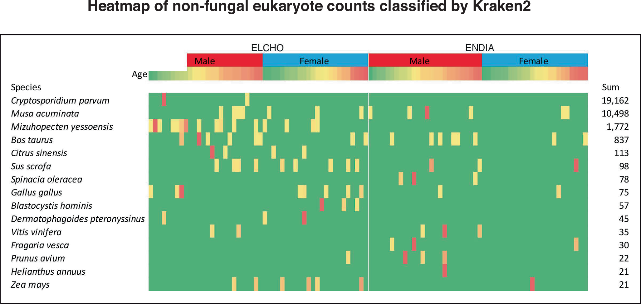 Fig. 4: Heatmap of non-fungal eukaryote counts classified by Kraken2.