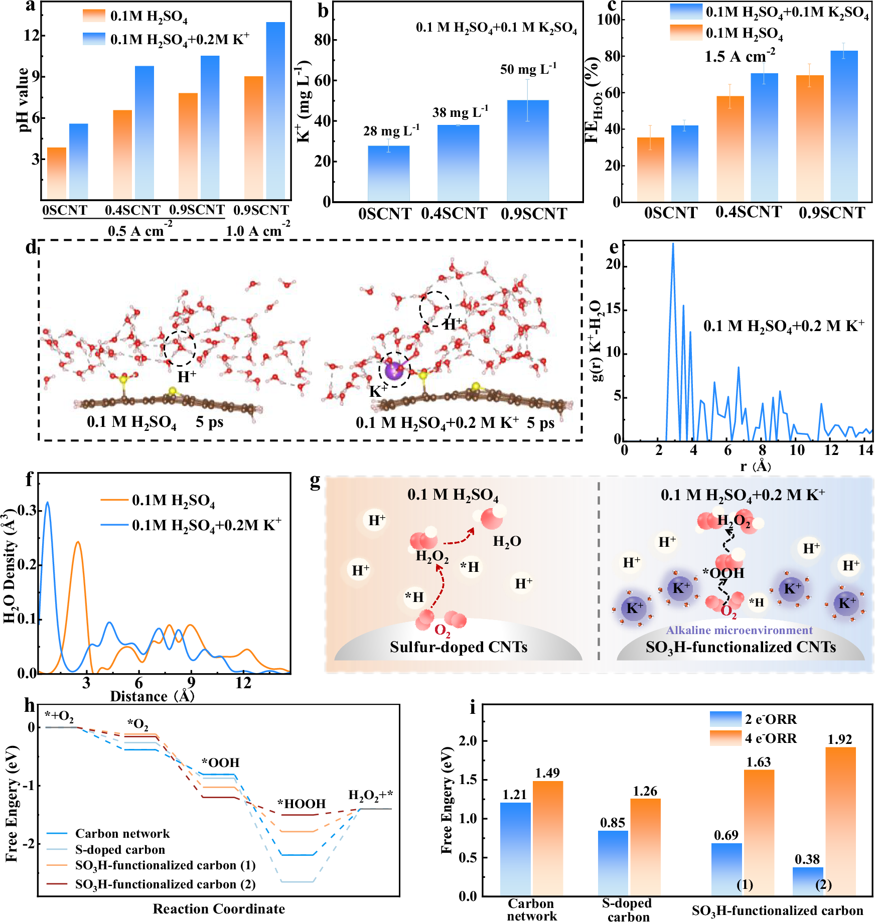 Fig. 4: Local H+ regulation for acidic 2e-ORR and free energy diagrams.