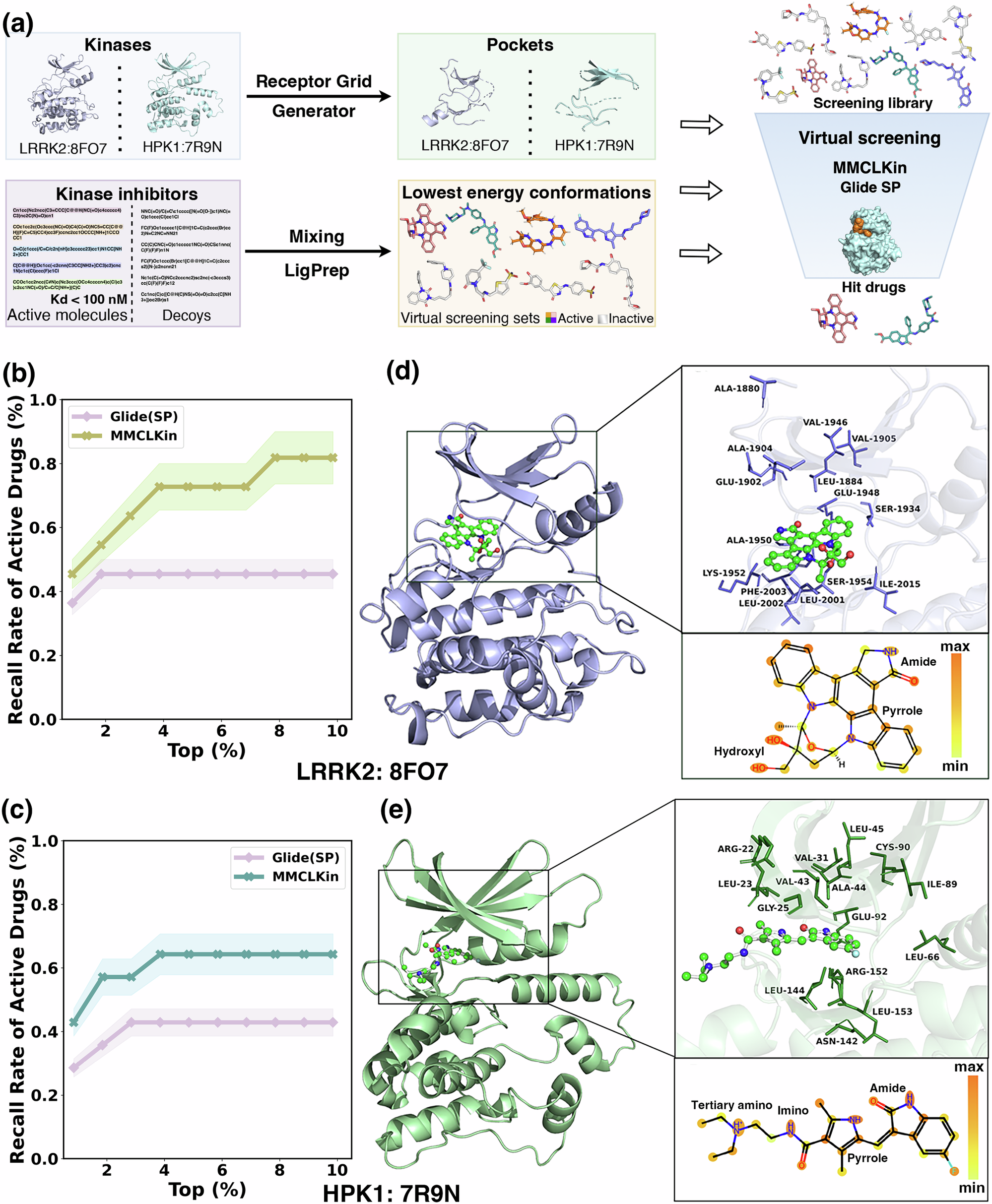 Fig. 4: Virtual screening performance and interpretability analysis of MMCLKin on two kinases with known experimental structures (LRRK2 and HPK1).
