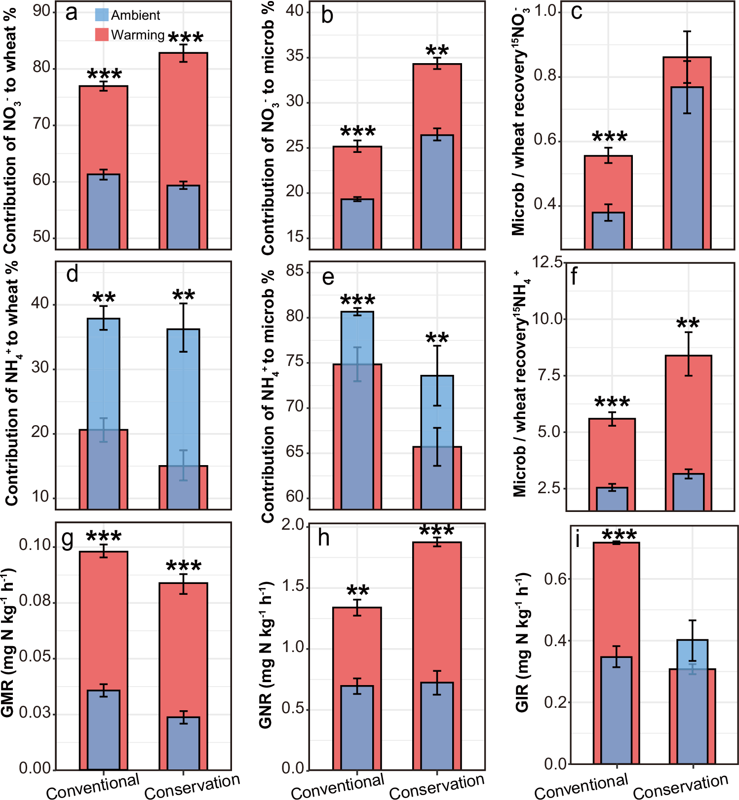 Fig. 2: Effects of management and warming on N transformation in soil and N partition between wheat and microorganisms.