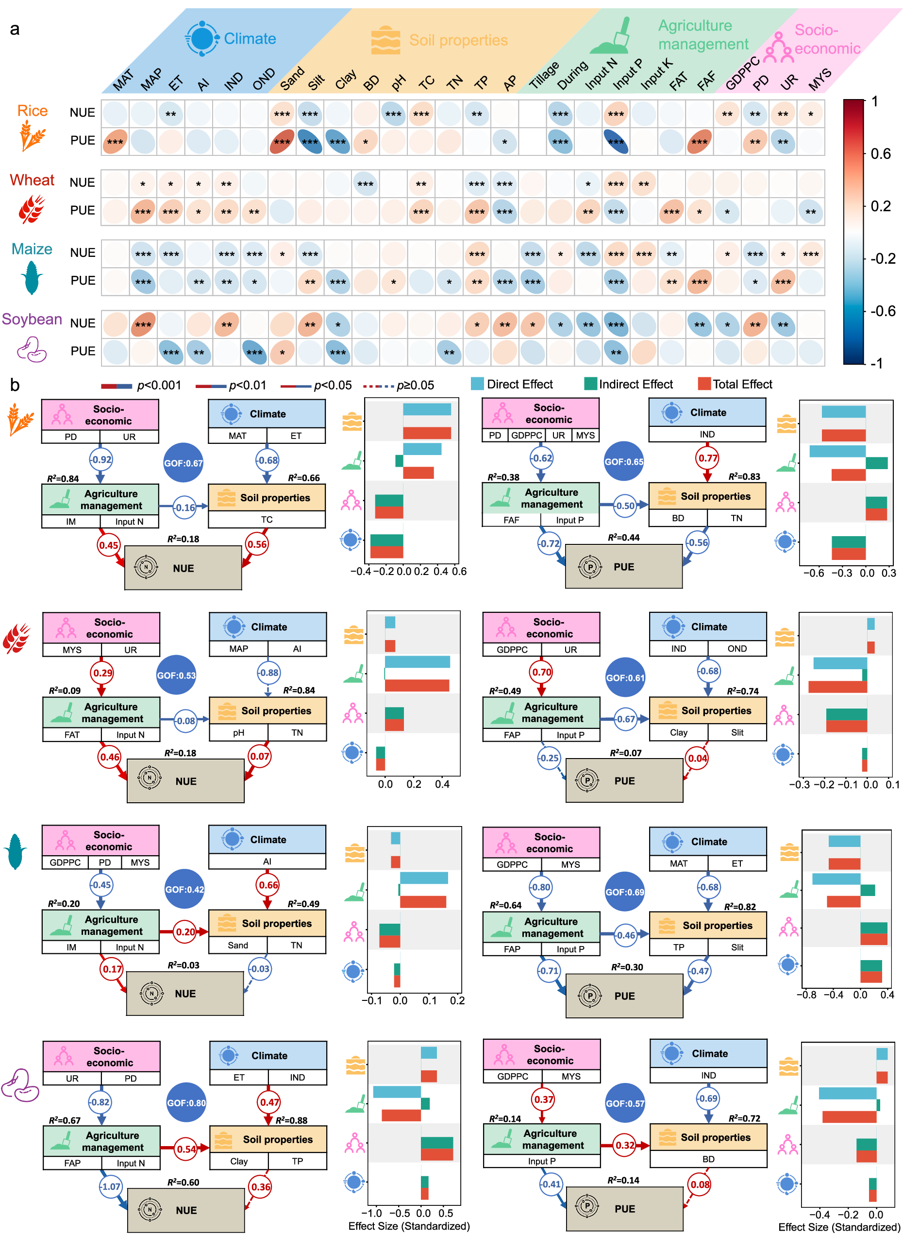 Fig. 3: Global-scale correlations and structural equation model showing the relative importance of climate, soil properties, agriculture management, and socio-economic on nitrogen (NUE) and phosphorus use efficiency (PUE) of four major crops (rice, wheat, maize, soybean).