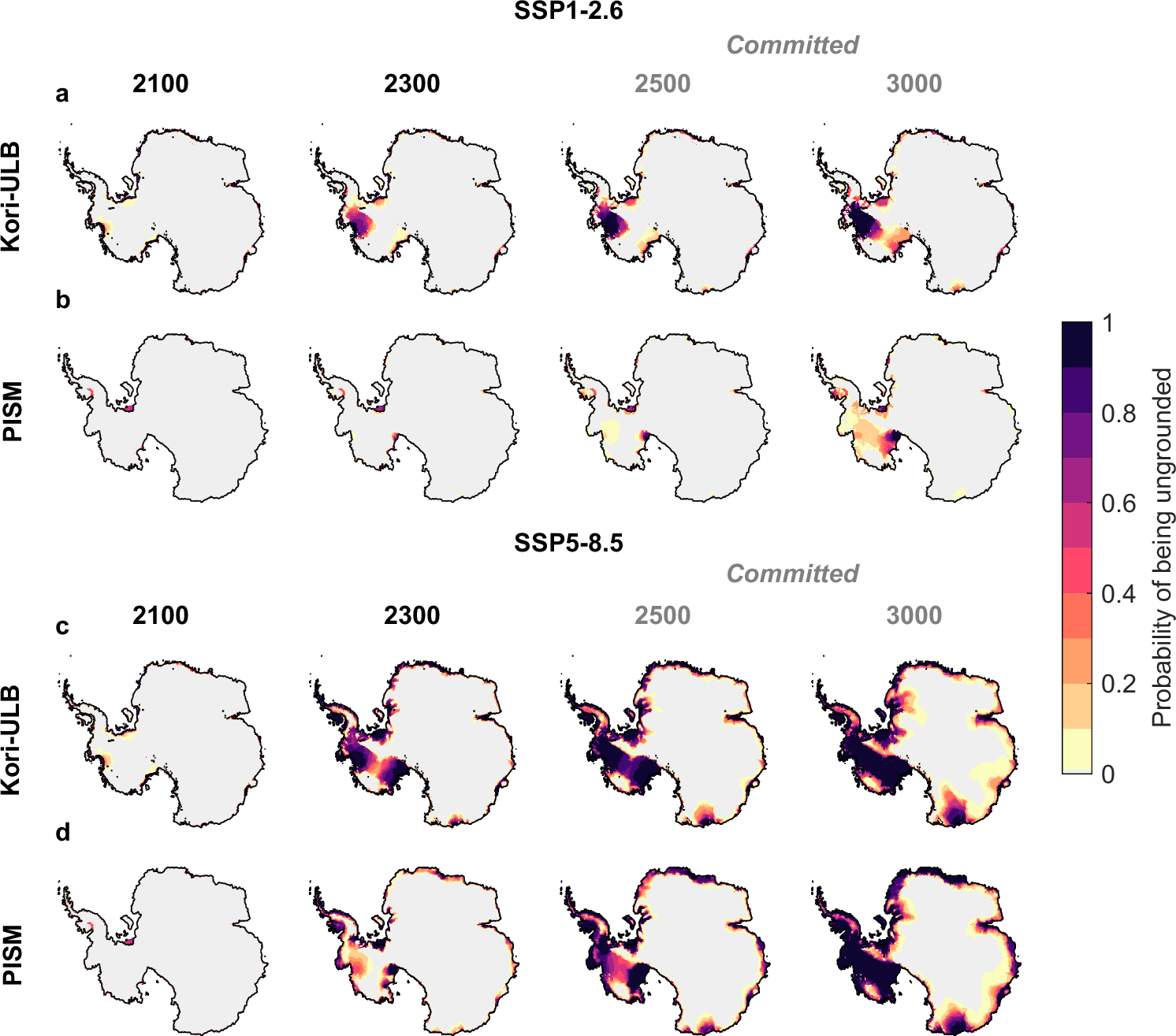 Fig. 3: Evolution of the Antarctic Ice Sheet over the next centuries up to the end of the millennium.
