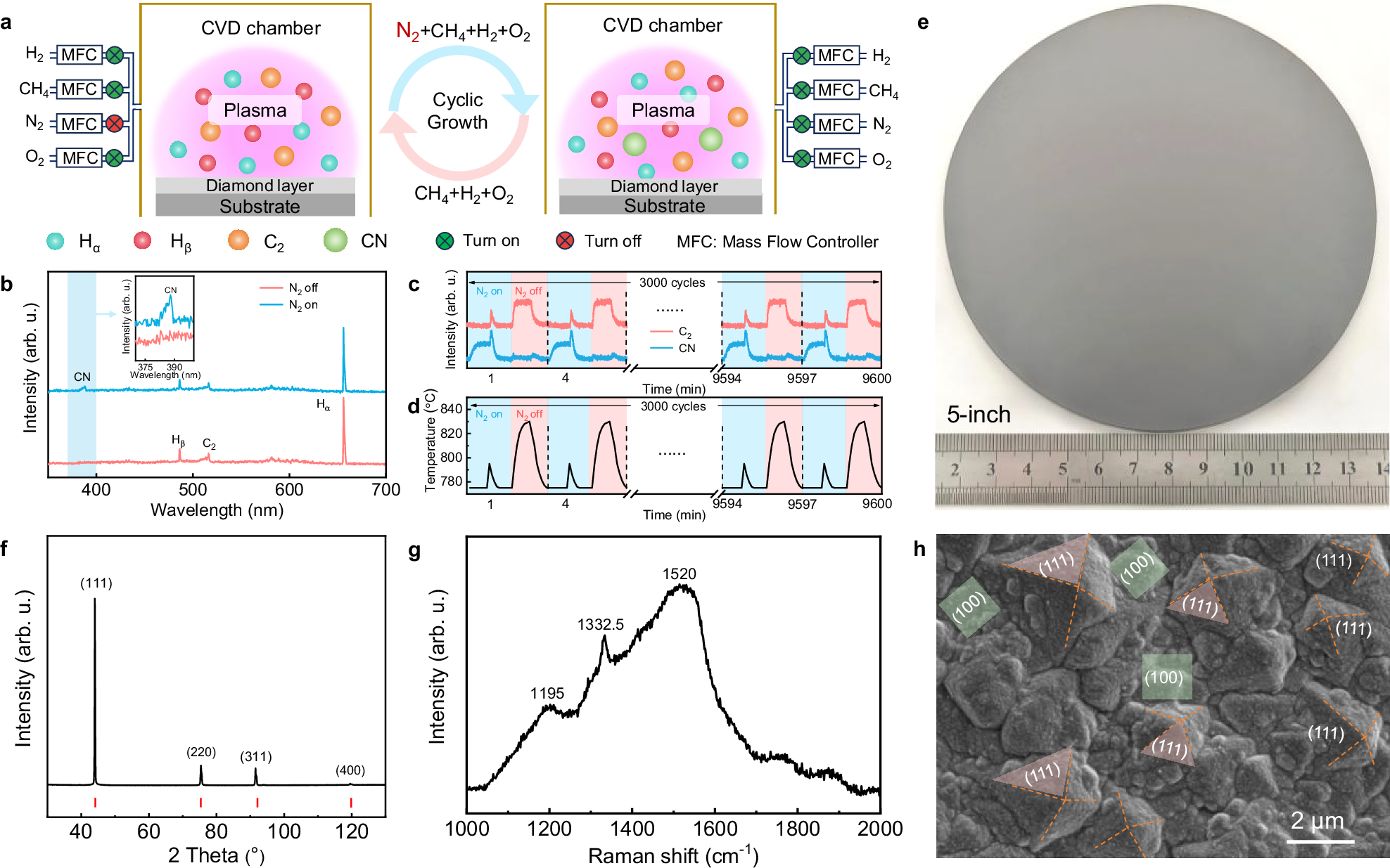 Fig. 1: Synthesis and characterization of the inch-scale ultrahard diamond wafers using customized microwave plasma chemical vapor deposition (MP-CVD) method.