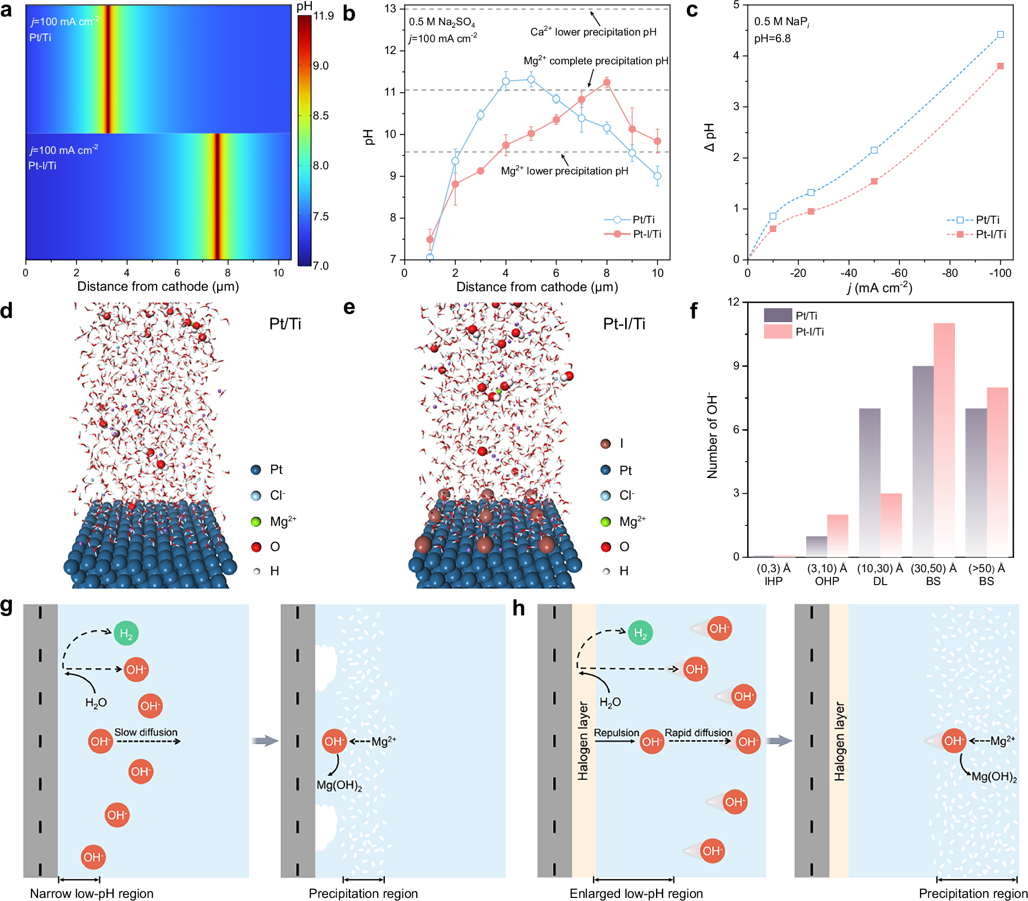 Fig. 4: Mechanistic investigation on local reaction environment regulation and supersolidophobic property of Pt-I/Ti electrode.
