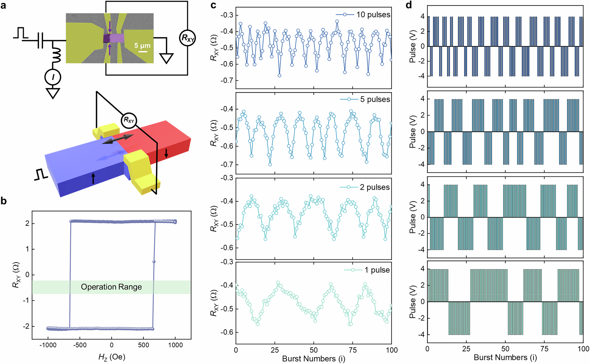 Fig. 4: Racetrack memristor fabricated from the van der Waals magnet Fe3GaTe2.