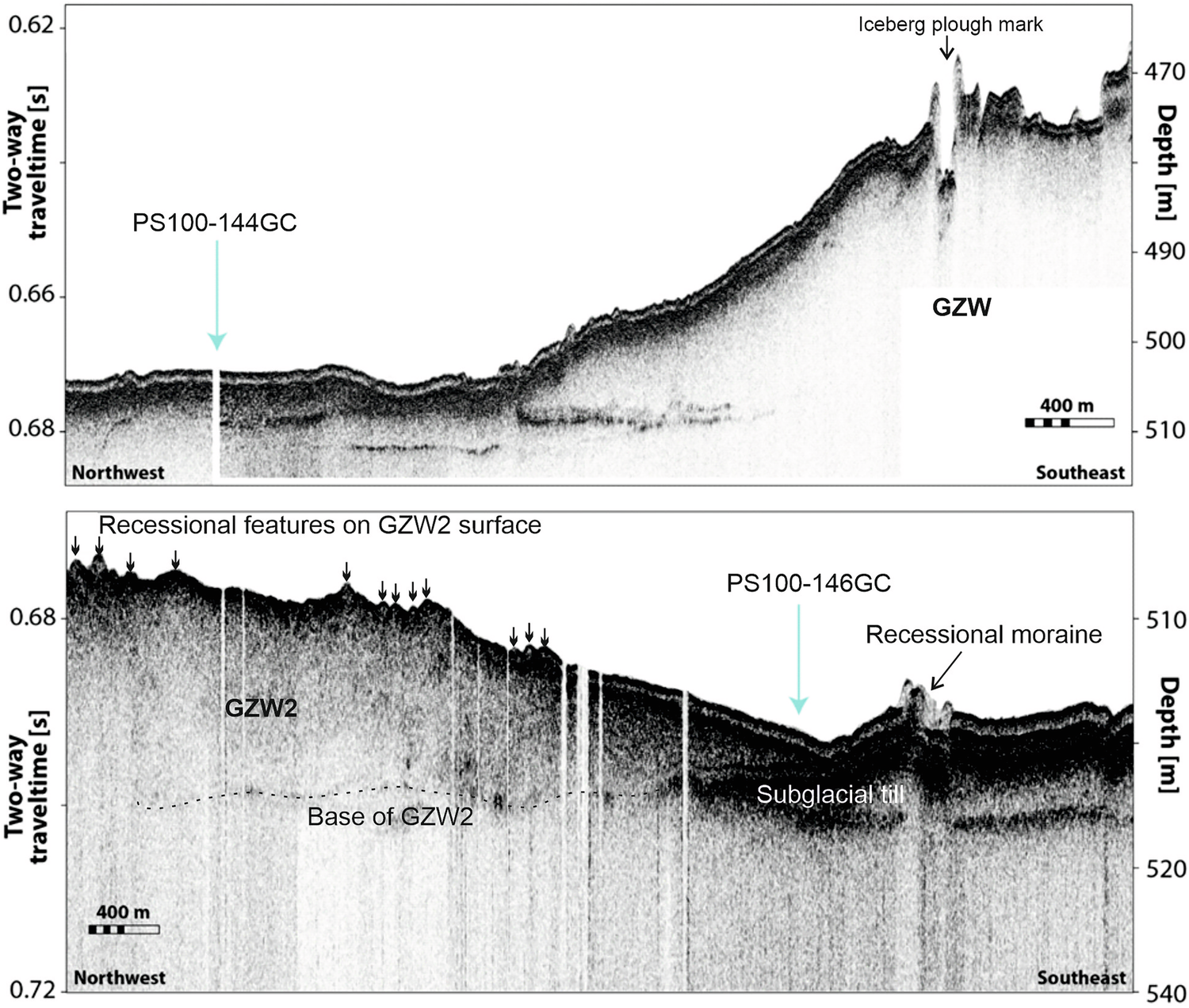 Fig. 2: Sub-bottom profiler data across the the two core locations 144GC and 146GC.