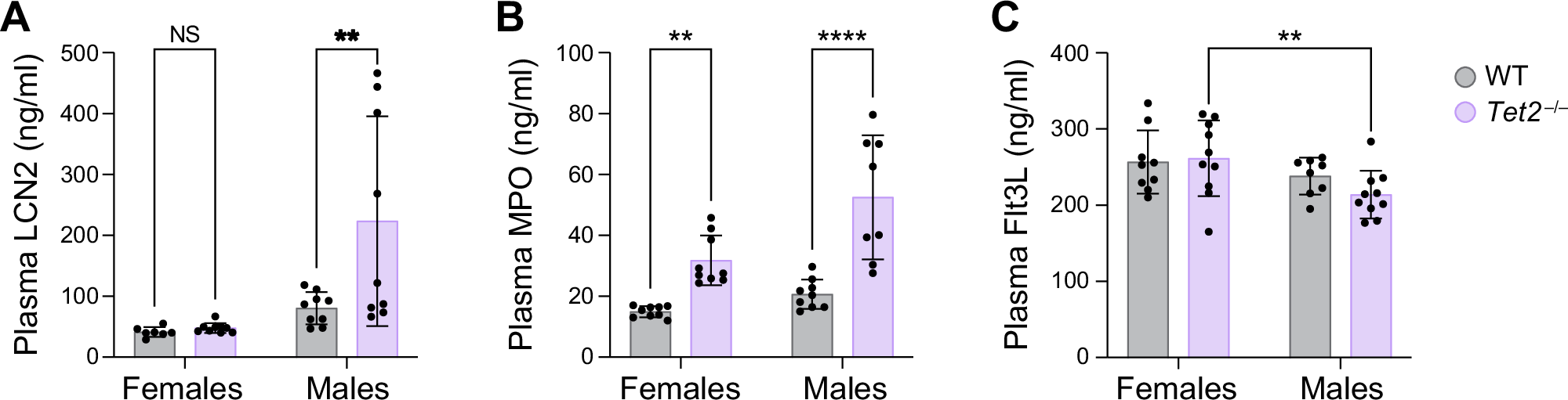 Fig. 6: ELISA results of Tet2−/− and WT mice by sex for selected plasma proteins whose level changes are associated with and causal by TET2 in human.