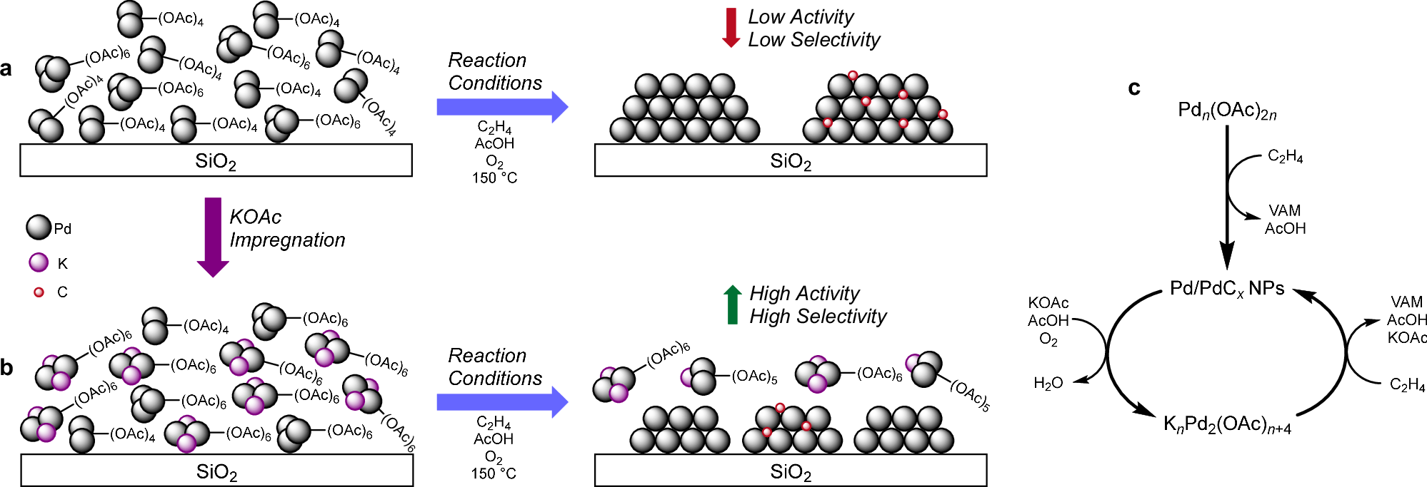Fig. 6: Conversion of Pd-acetate species into Pd and PdCx nanoparticles.