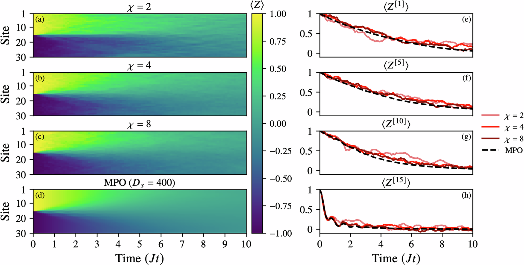 Fig. 5: Convergence of the TJM with increasing bond dimension χ = {2, 4, 8} for a 30-site noisy XXX Heisenberg model with parameters J = h = 1 and a domain-wall initial state (wall at site 15).