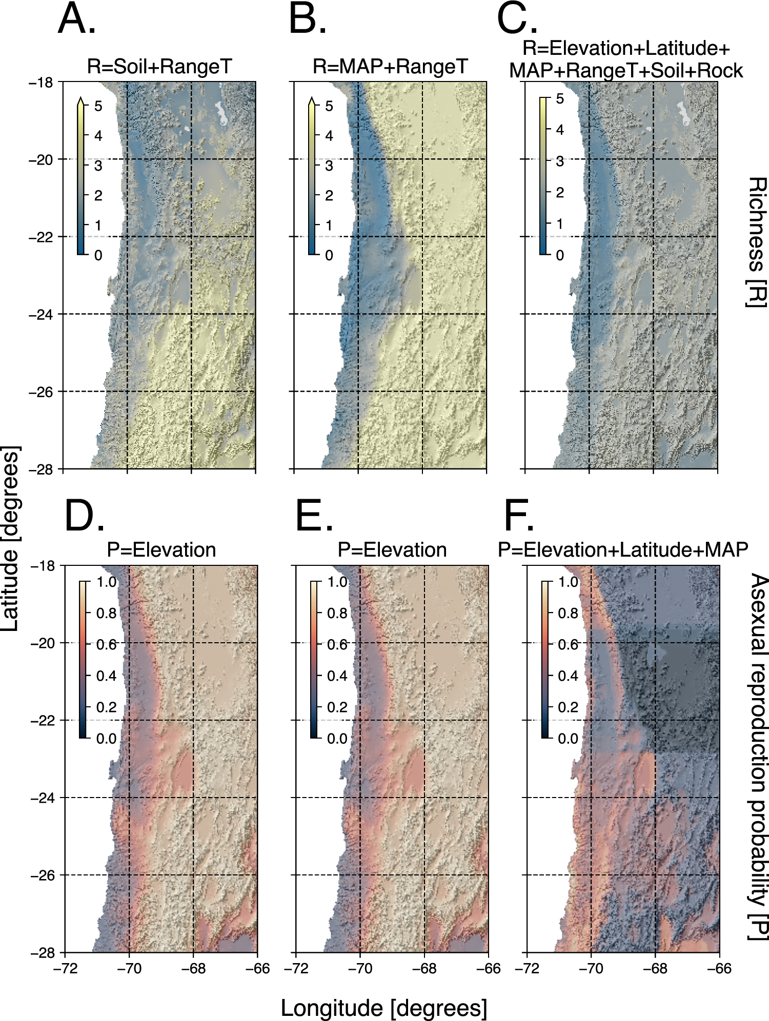 Fig. 4: Maps of model predictions for genus richness and the probability of a nematode reproducing asexually in the Atacama Desert.