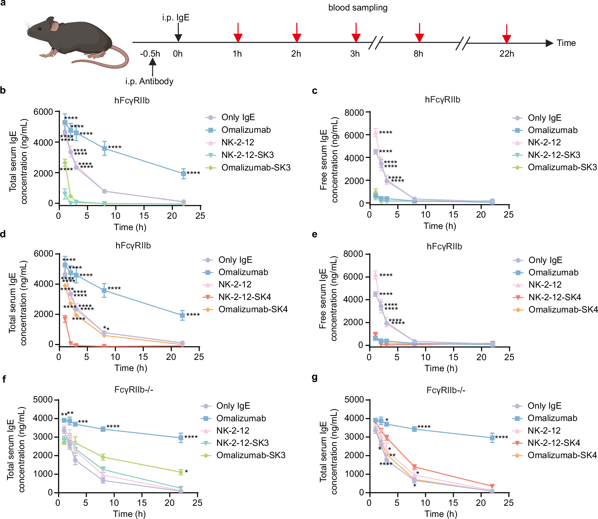 Fig. 2: Effect of IgE-targeting FcRTACs on the elimination of human IgE in mouse models.