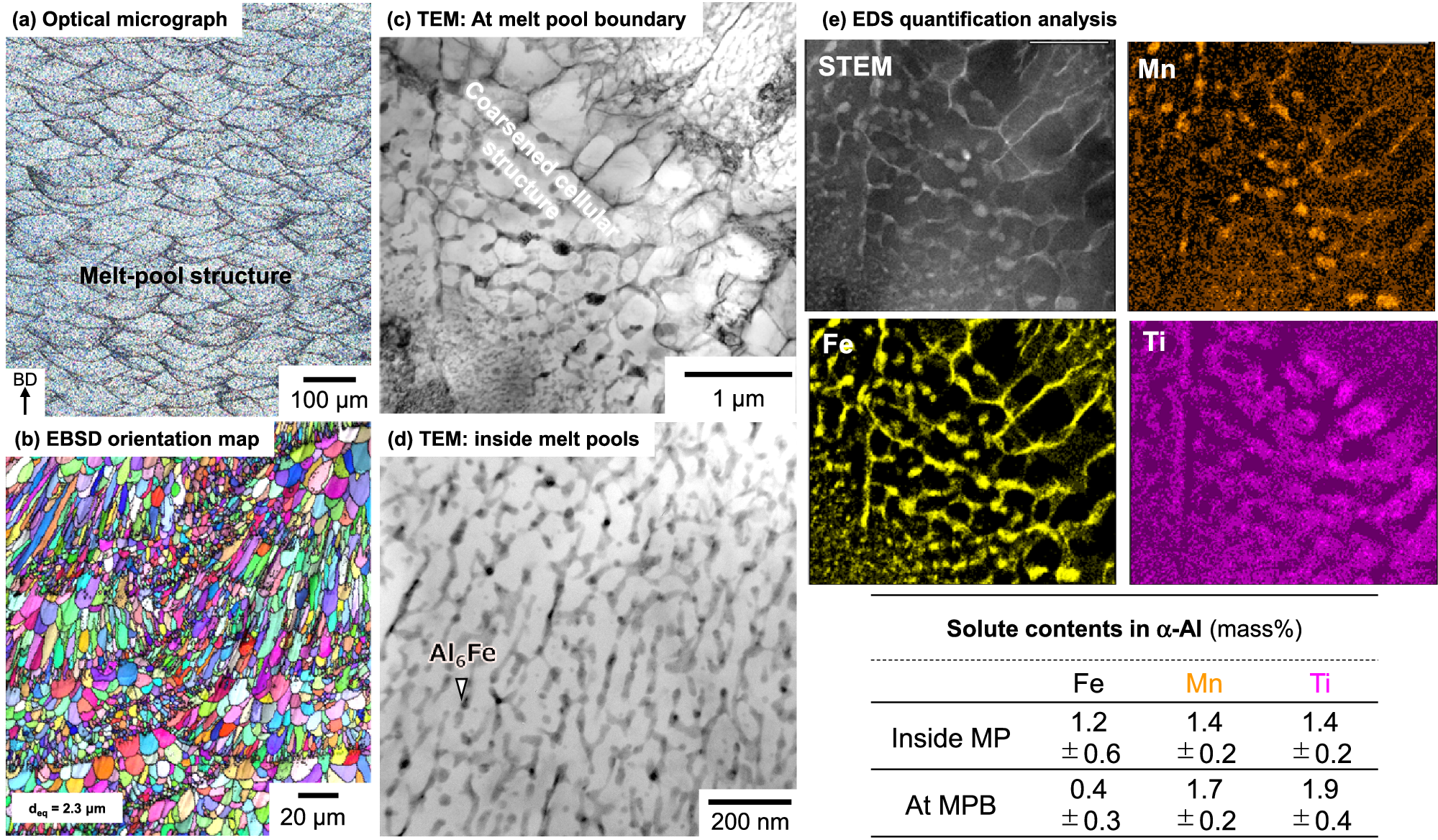 Fig. 6: Multiscale microstructures of Al-Fe-Mn-Ti quaternary alloy additive manufactured via PBF-LB.