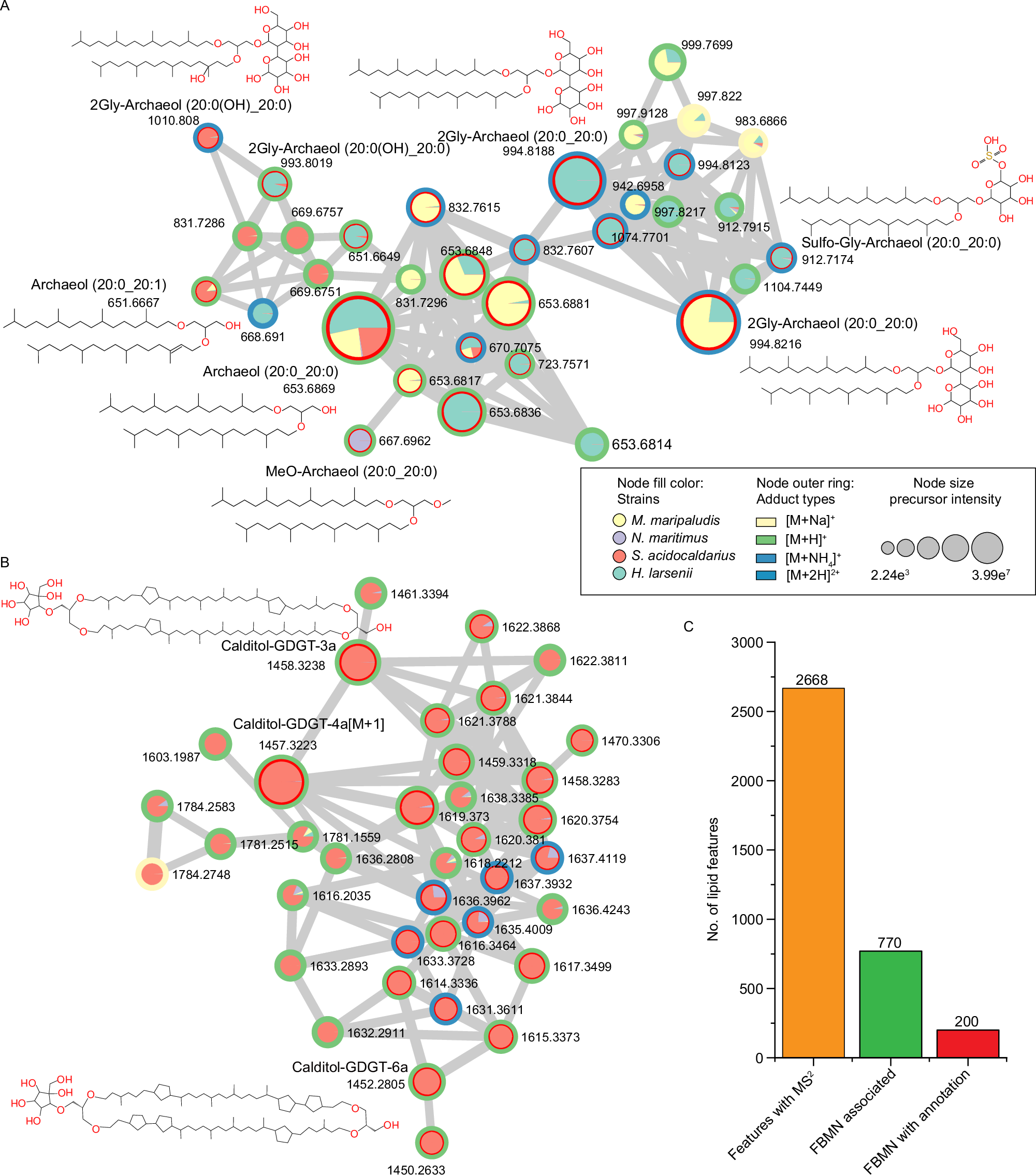 Fig. 5: A subnetwork of MS2 spectral similarity between annotated features with ArchLips database and unknown features in archaeal pure cultures.