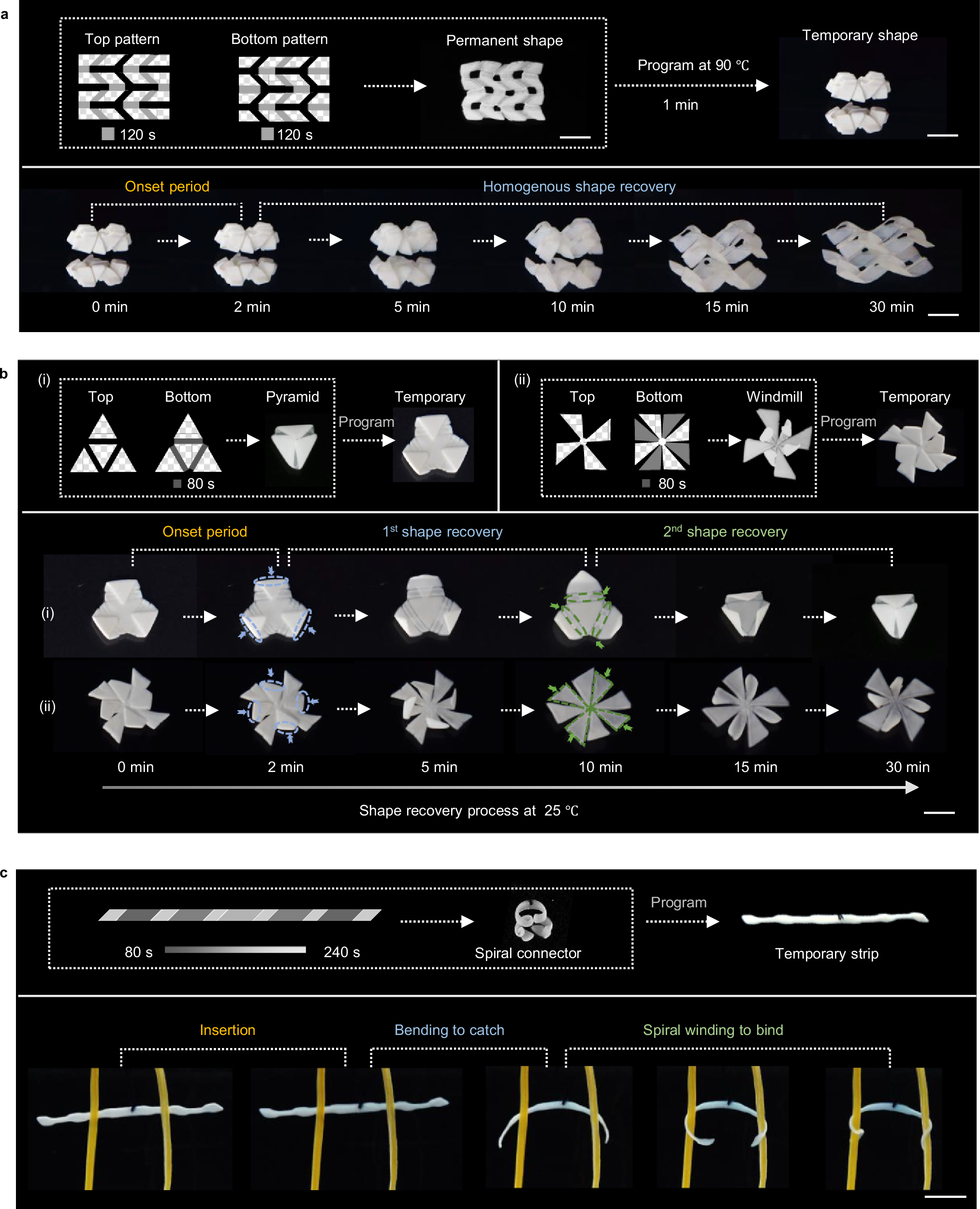 Fig. 4: Autonomous shape recovery of 4D printed structures.
