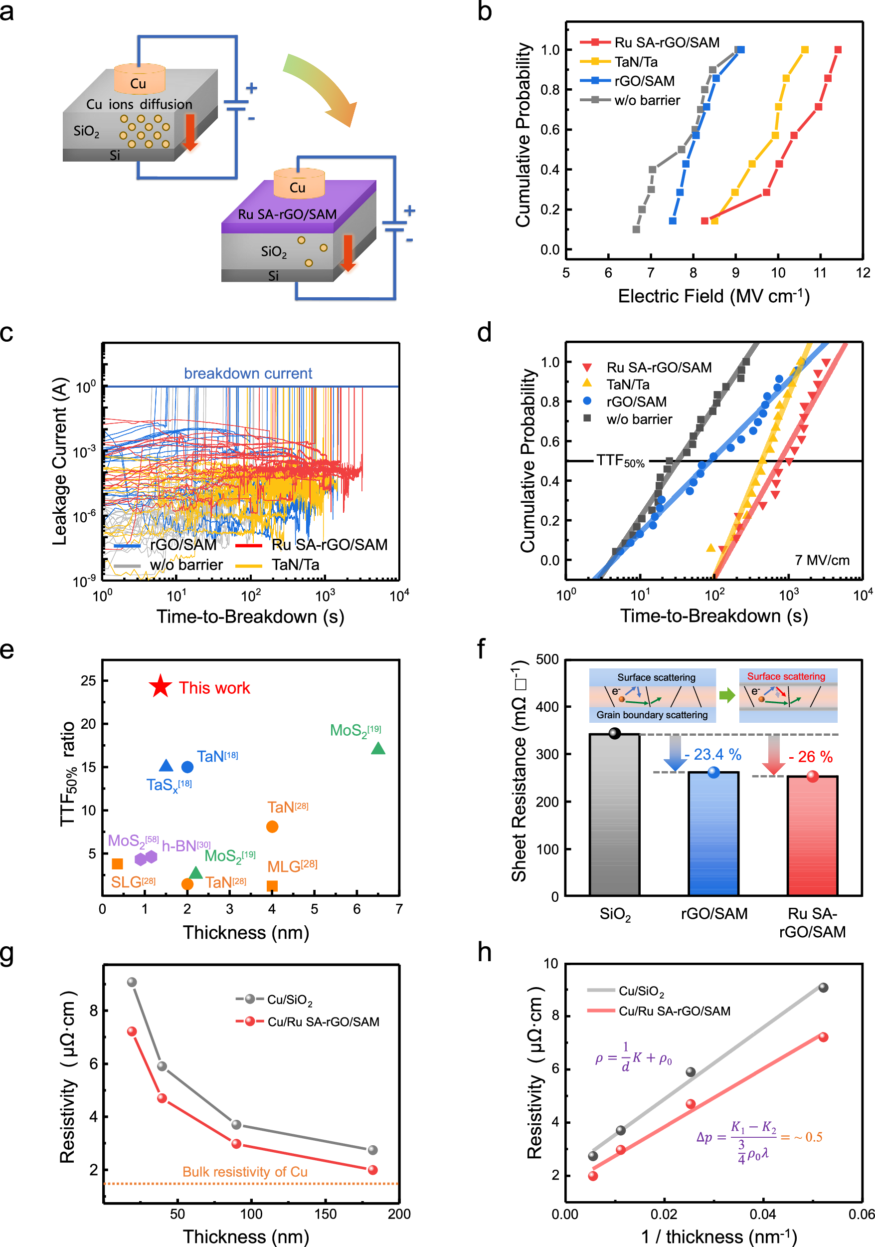 Fig. 6: Electrical diffusion barrier properties and conductivity of single atom Ru-supported (Ru SA)-rGO/SAM.