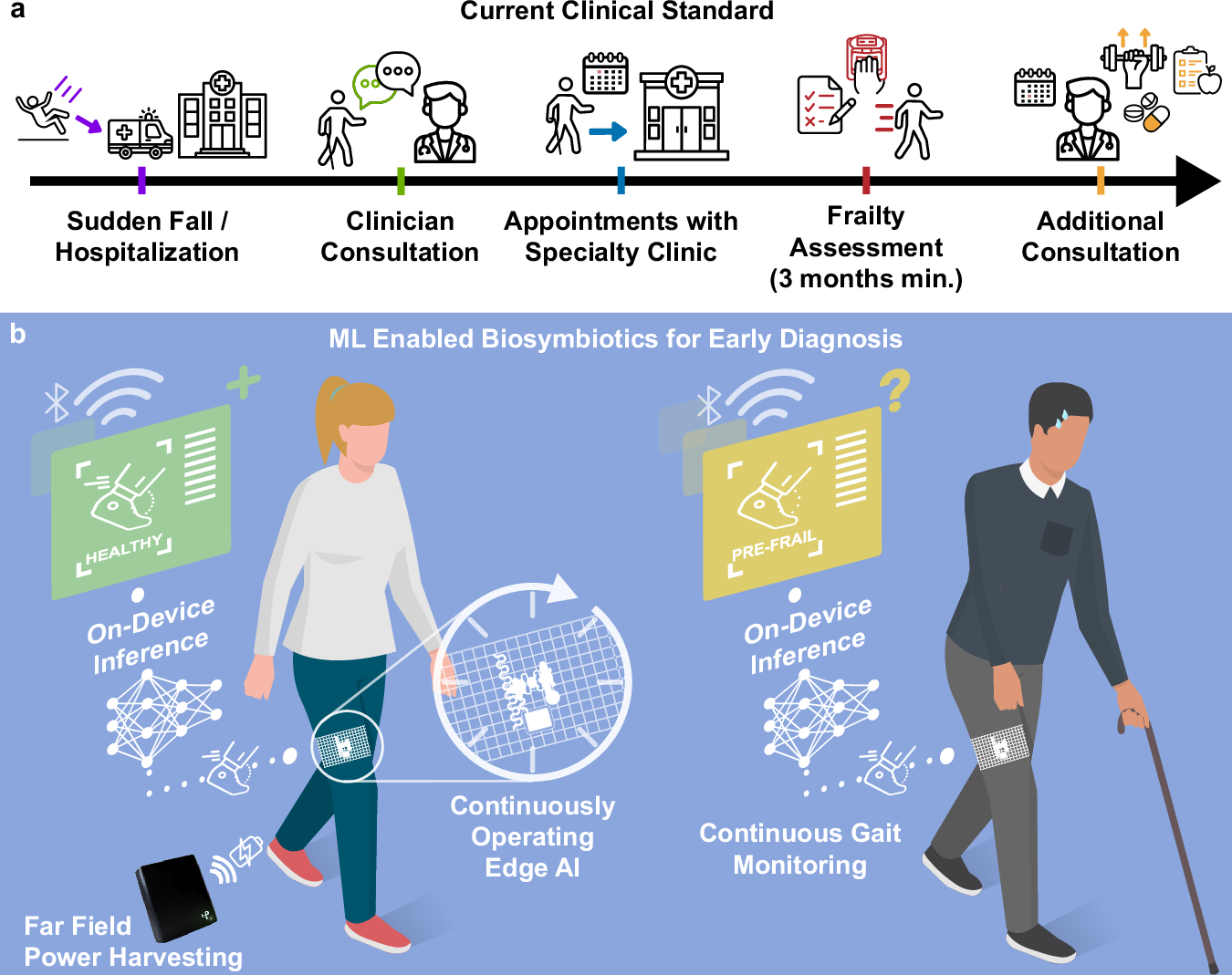 Fig. 1: Continuously operating wearable AI for on-device frailty assessment.