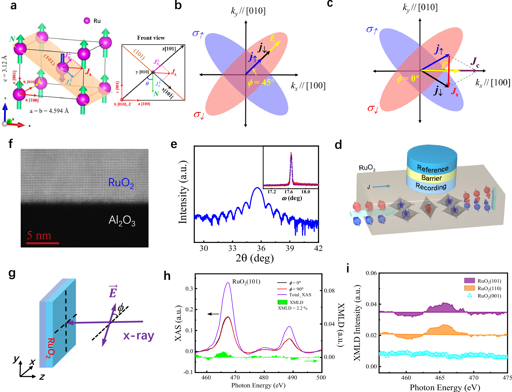 Fig. 1: Crystal structure and schematic of the altermagnetic RuO2.