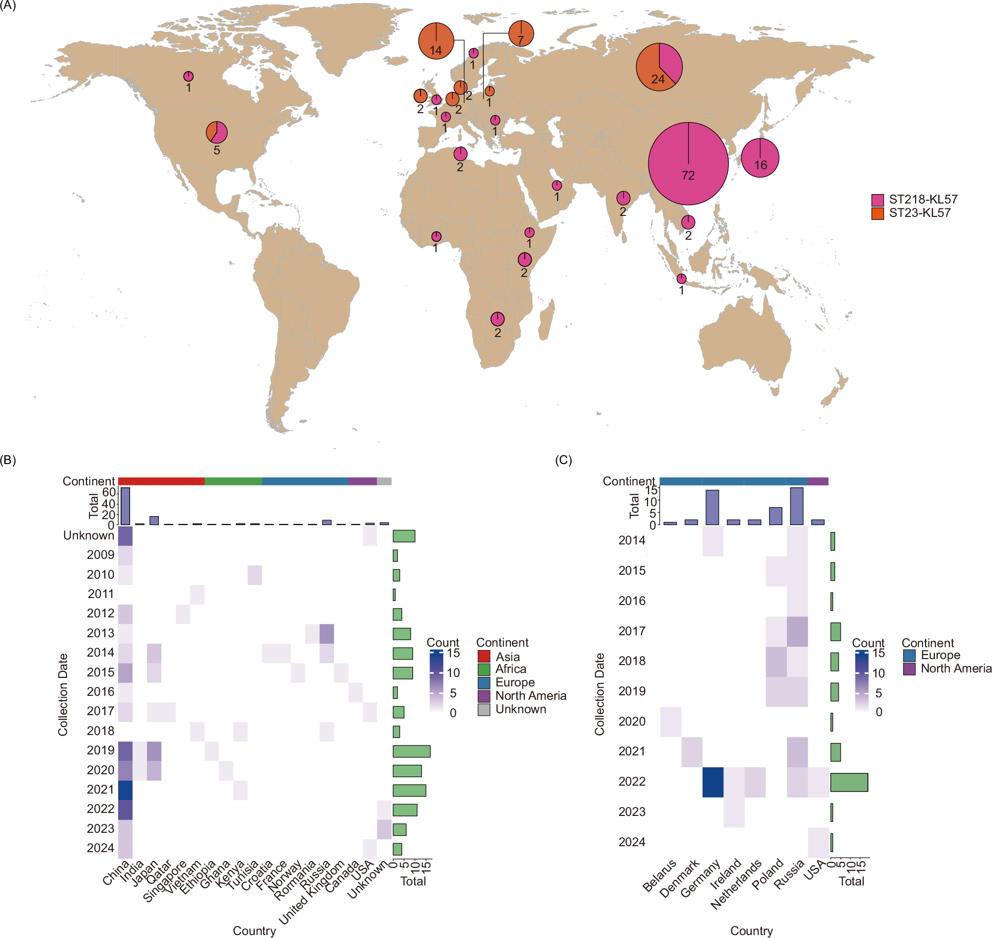 Fig. 1: Geographic distribution of global ST218-KL57 and ST23-KL57 isolates.